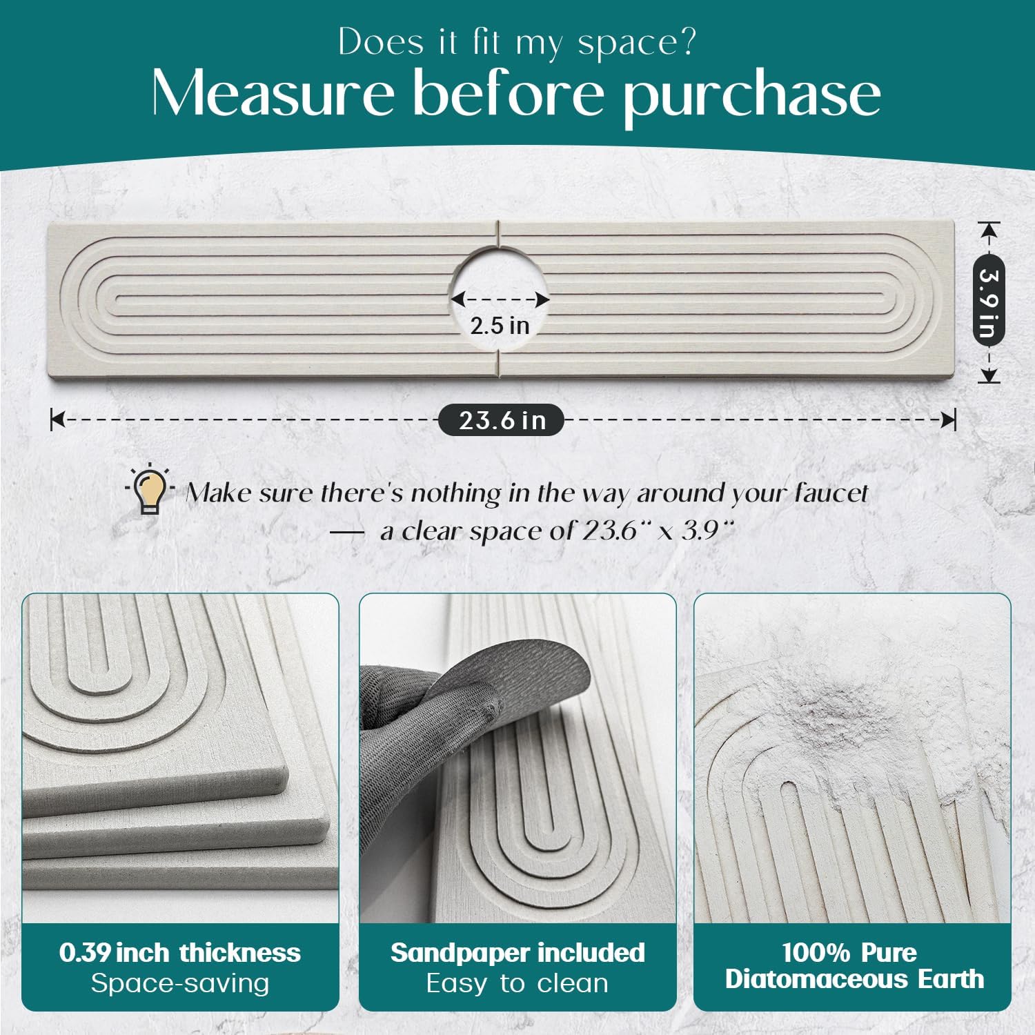 Faucet Mat For Kitchen Sink - 24'' Long Diatomite Fast Drying Stone Sink Tray, Super Absorbent, Prevents Moisture Buildup - Fauc