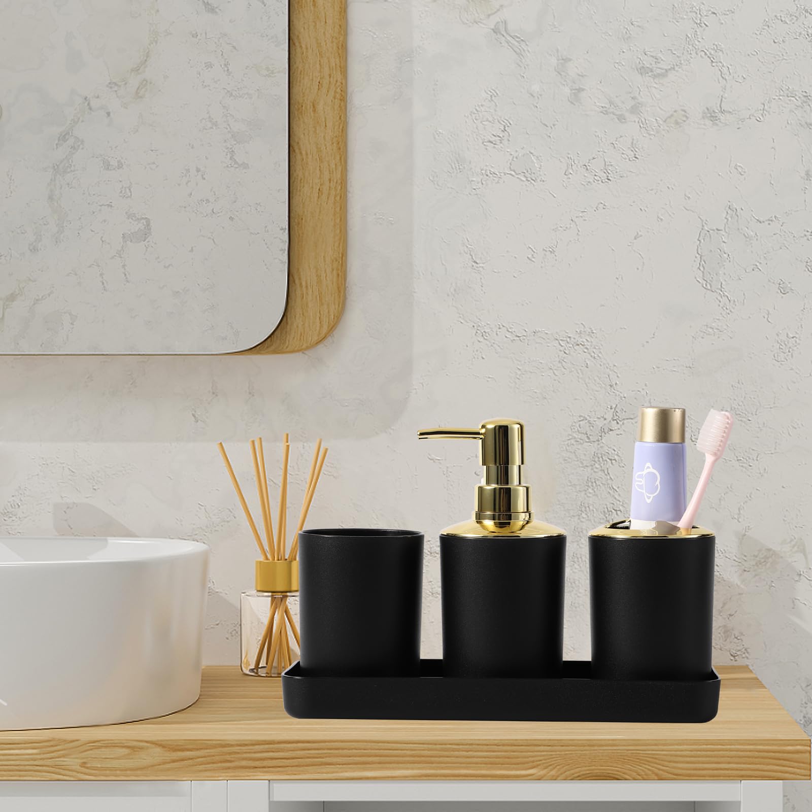 9Pc Black And Gold Bathroom Accessories Set - Trash Can, Soap Dispenser Set, Soap Dish, Toilet Brush With Holder, Toothbrush Hol