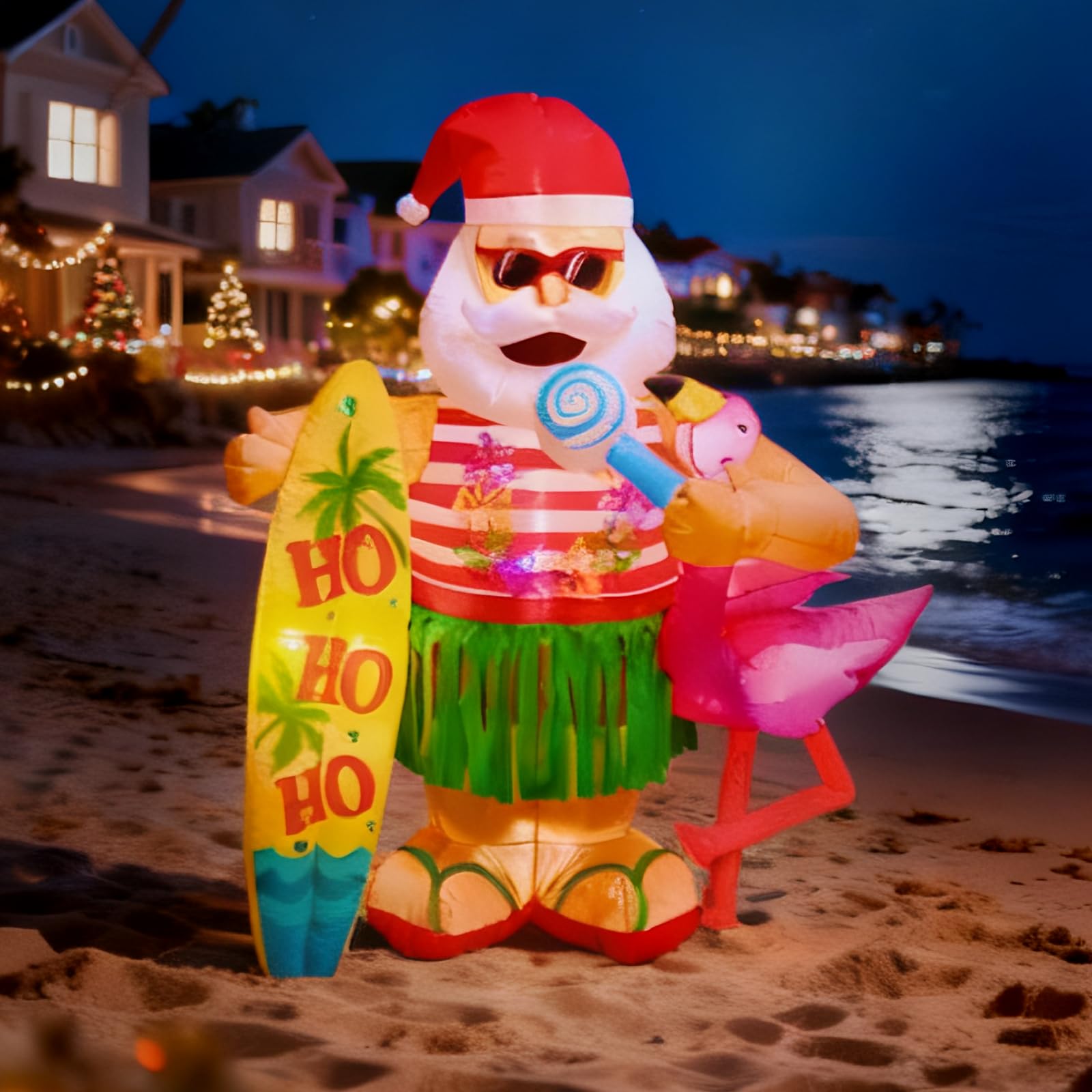 ZOOMATOOE 6FT Christmas Inflatable Hawaiian Santa Claus with Flamingo and Surfboard Outdoor Decoration, Tropical Blow up with Bu