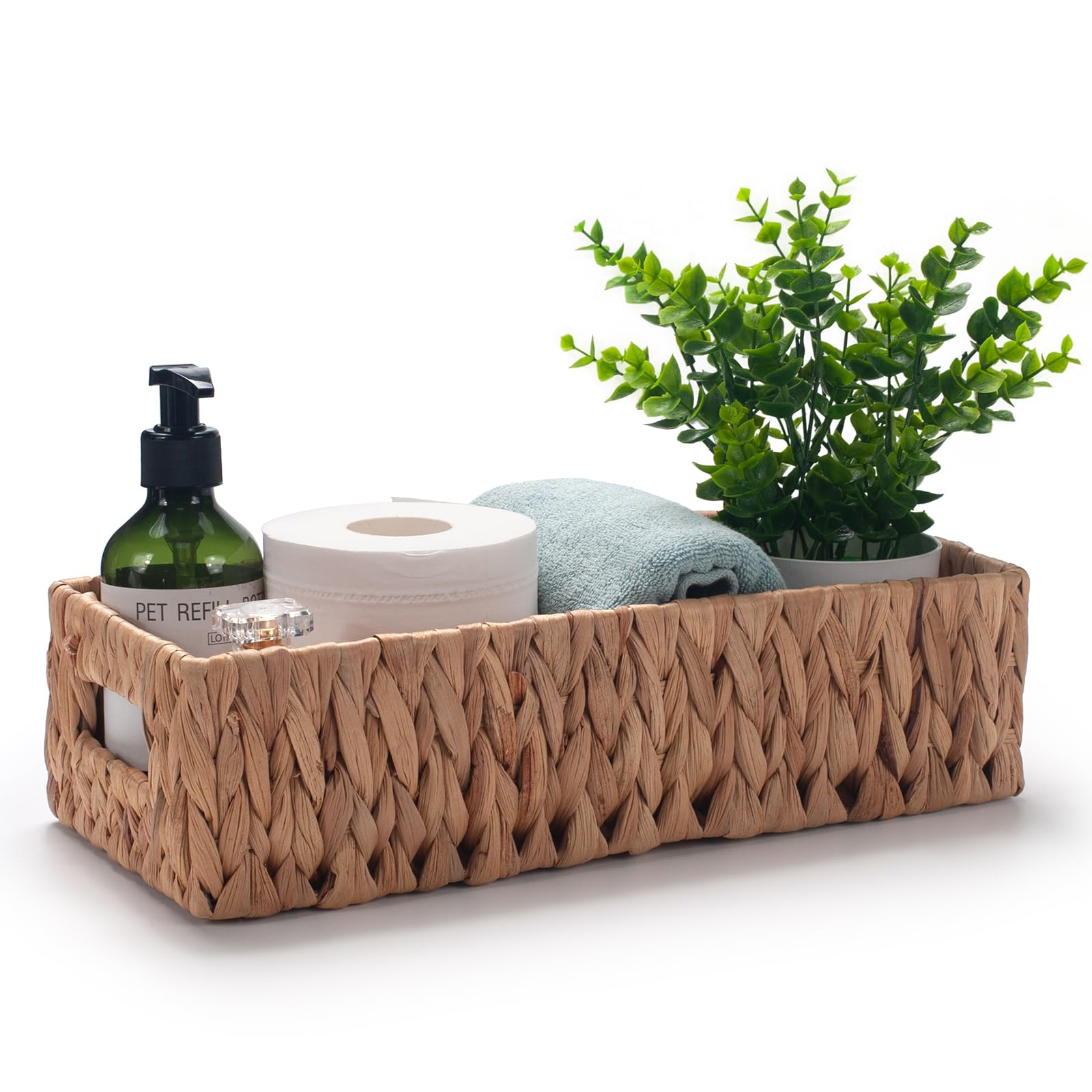 Toilet Paper Basket for Back of Toilet Water Hyacinth Long Narrow Wicker Bathroom Storage Basket with Built-in Handles 14.2 x 6.
