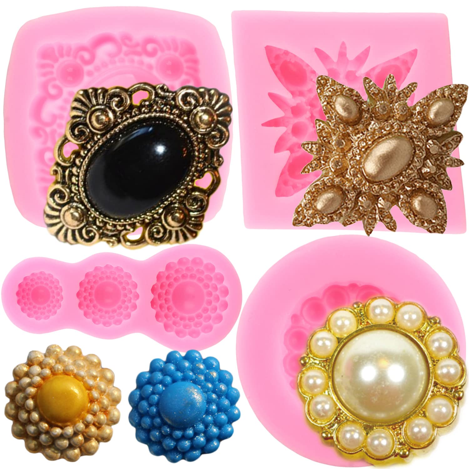 Zixiang Pearl Diamond Brooch Silicone Molds Brooch Gemstone Fondant Mold For Cake Decoration Cupcake Topper Sugar Cum Paste Choc