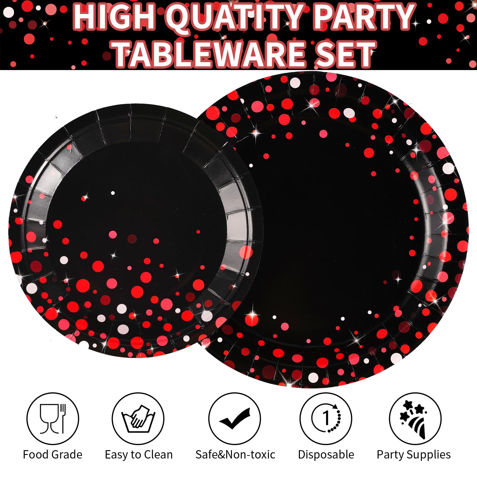 96Pcs Black And Red Party Supplies Red Dot On Black Party Plates And Napkins Disposable 350Gsm Black And Red Birthday Tableware