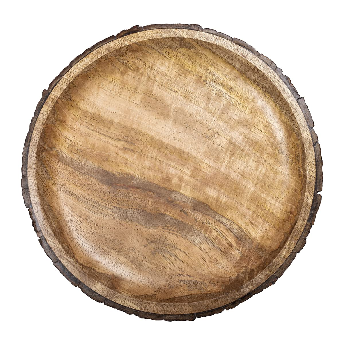 Gocraft Round Wooden Serving Platter With Tree Bark On Edges | Mango Wood Pizza Platter, Serve Board | Charcuterie Platter - 13'