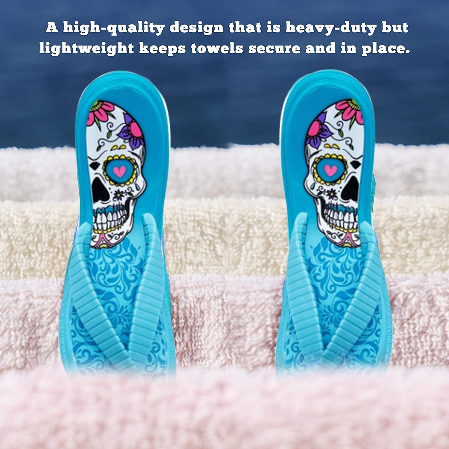 PERFORMORE Flip Flop Beach Towel Clips (Blue)  Set of 2  Portable Towel Holder Clips  Secure Clips for Beach Chairs Deck Patio Pool Boat Cruise Lounge Chair Accessories