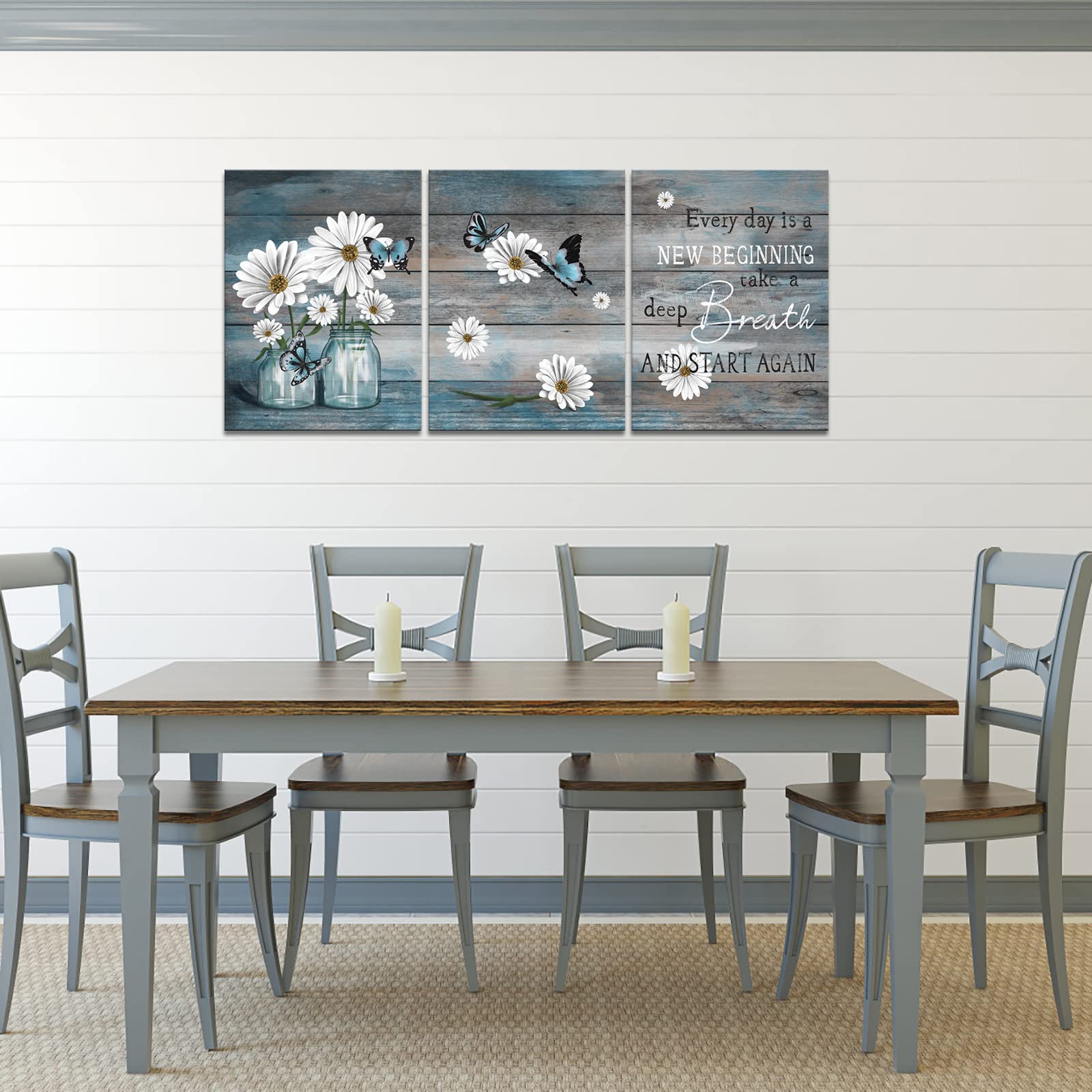Ryounoart 3 Piece Daisy Wall Art Butterfly Inspirational Picture On Canvas For Kitchen Office Wall Decor Rustic Country Painting
