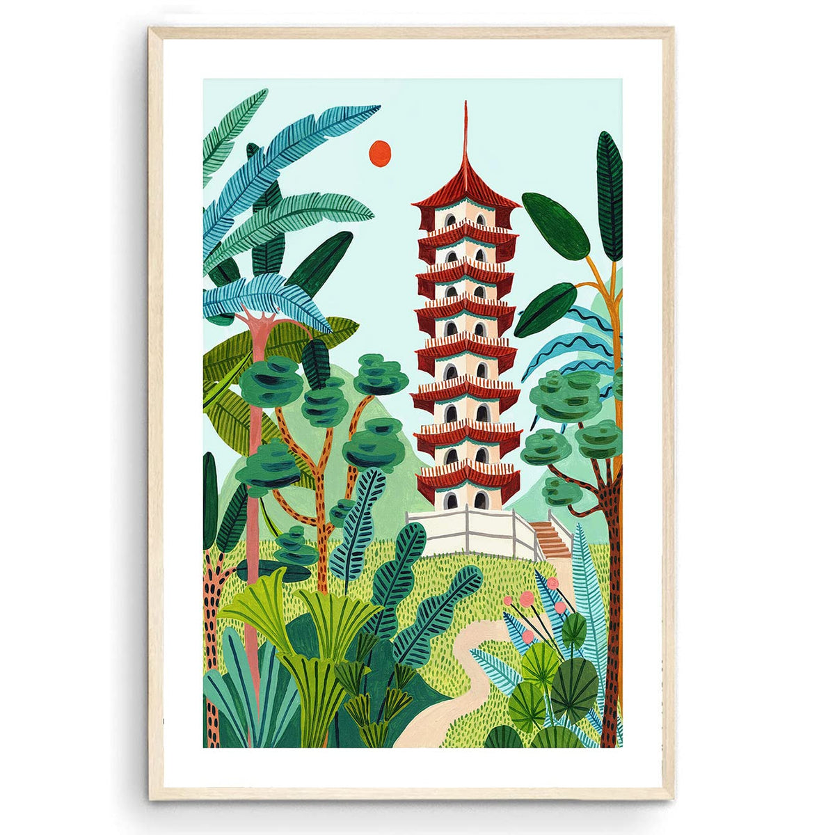 Singapore Travel Print, Chinese Garden, Pagoda, Singapore Wall Art, Botanical Illustration, Home Decor, Tropical, Nursery Wall A