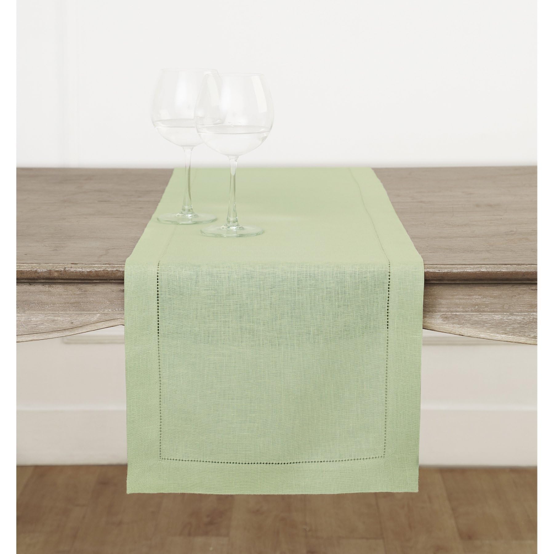 Solino Home Sage Green Linen Table Runner 36 Inch - 100% Pure Linen Classic Hemstitch Table Runner 14 X 36 Inch - Machine Washab
