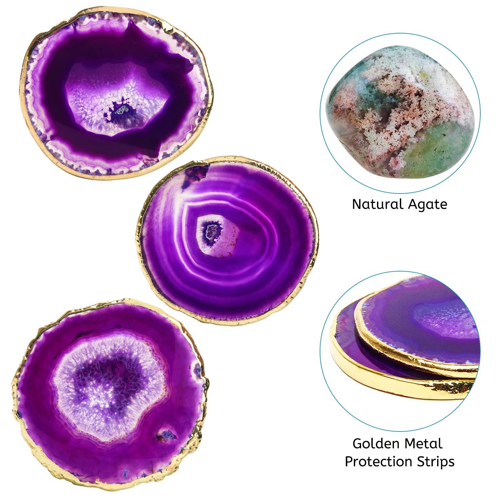 Purple Agate Coasters Set of 4 with Gift Box  Luxiv 3-4'' Agate Coasters for Drinks Natural Crystal Coasters with Gold Edge Brazilian Geode Stone Coaster for Coffee  Drinks  Tea (Purple  3-4 inches)