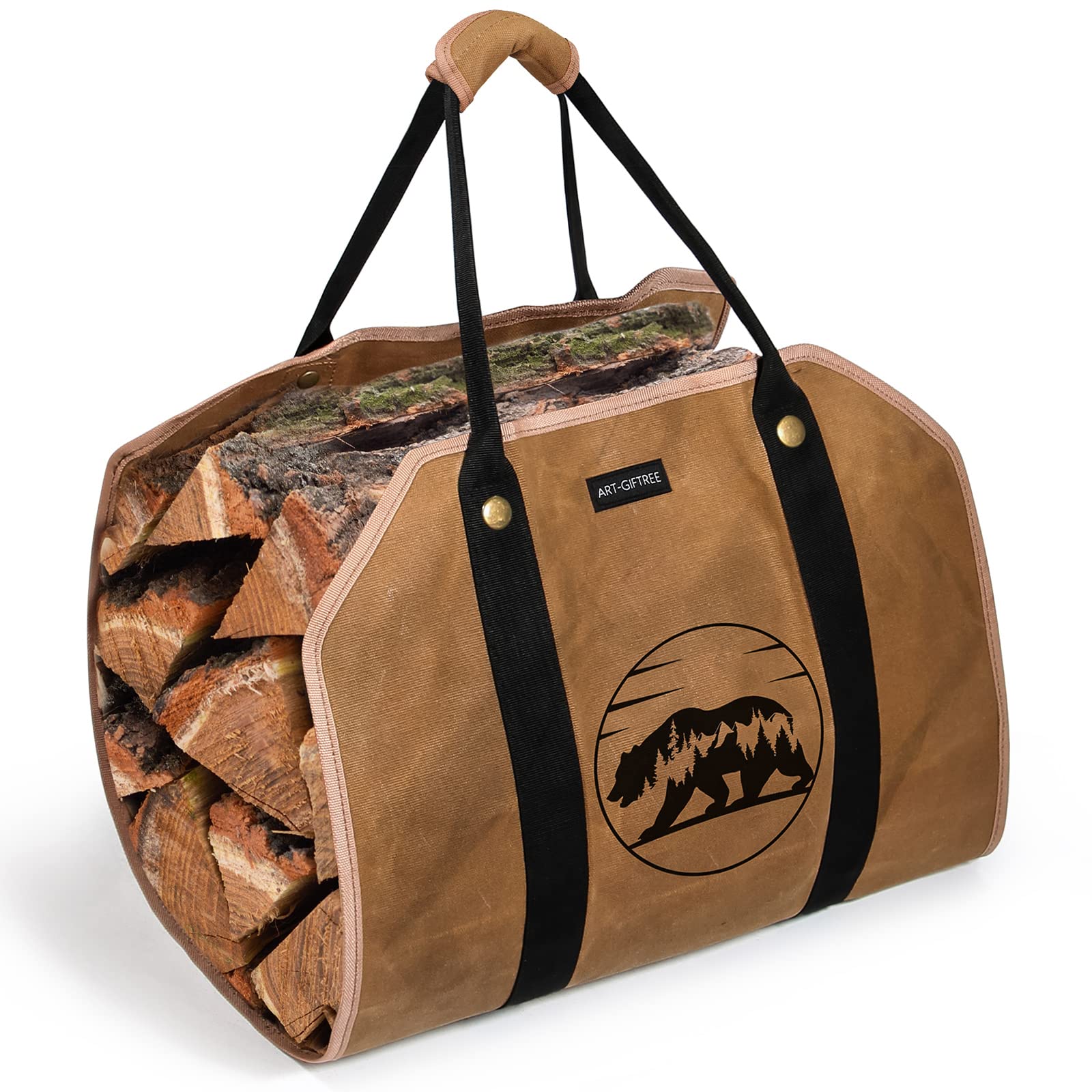 Art-Giftree Large Firewood Carrier 39 X 18 Inches Waxed Canvas Logs Carrier Tote Bag With Handles, Heavy Duty Wood Holder For Fi