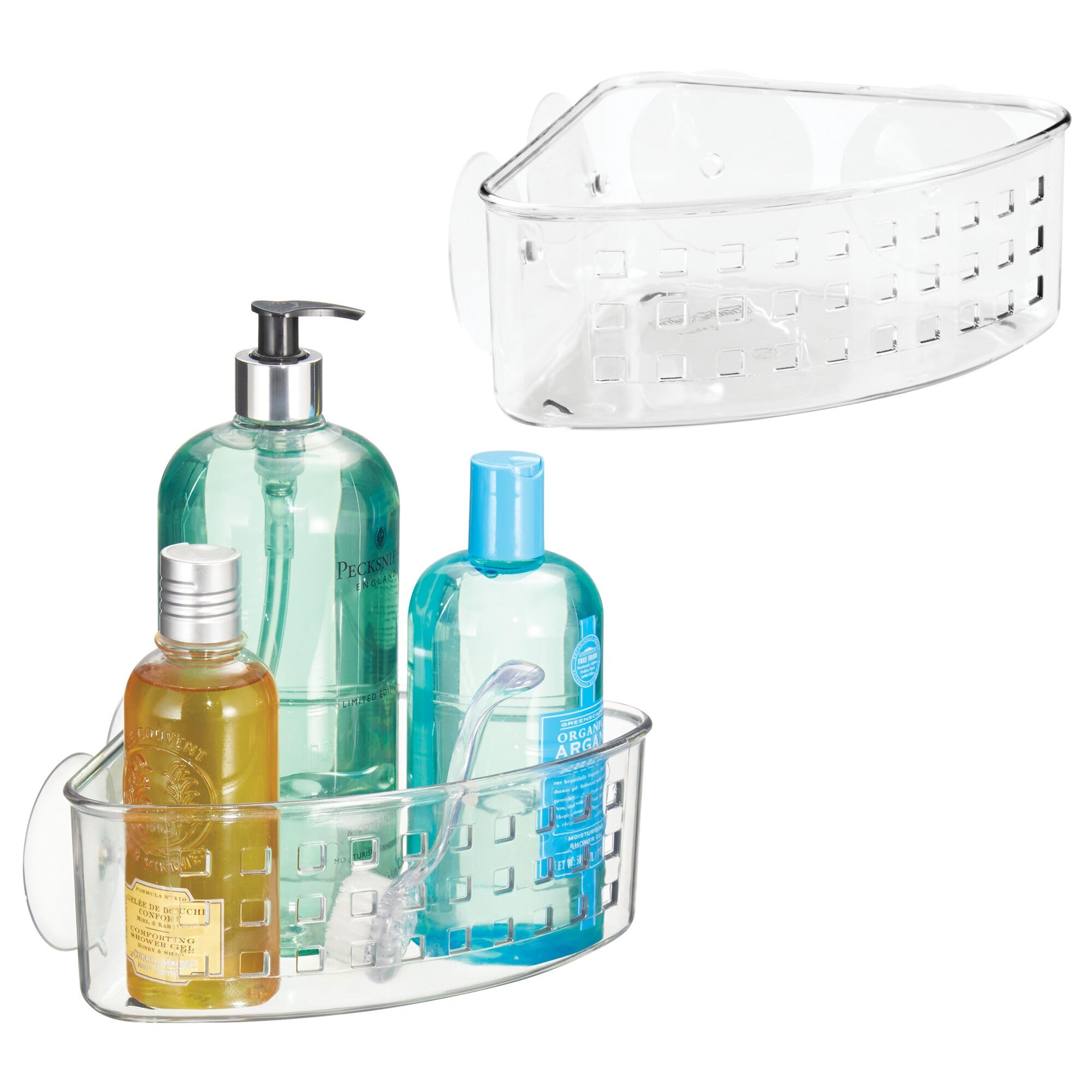 iDesign Plastic Suction Cup Corner Shower Basket for Bathroom Storage, Set of 2, Clear, Made in USA
