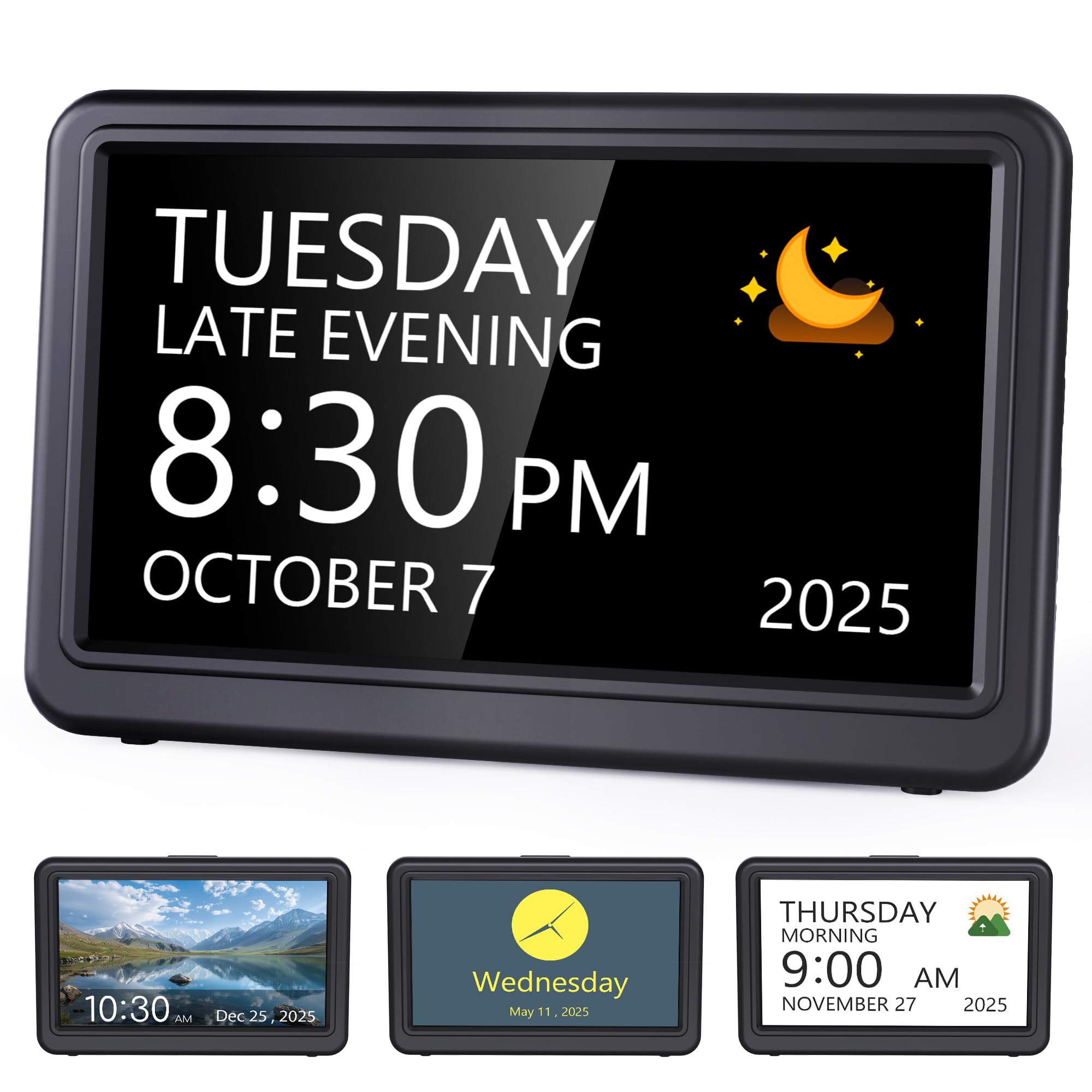 Raynic Date Clock, Digital Clock with 12 Themes, 20 Alarms, 20 Reminders, Semi-Automatic Dimming, 12/24 Hours, Auto DST Clock fo