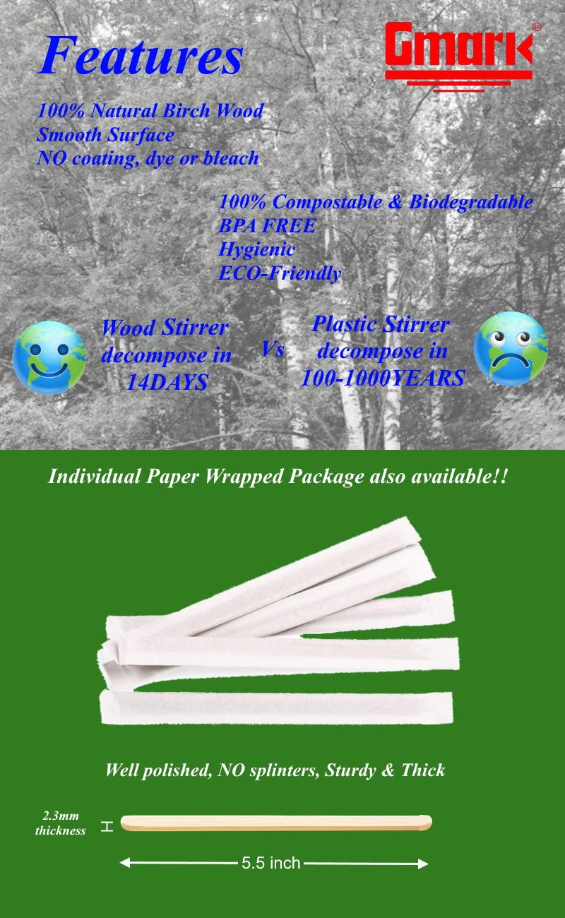 Gmark 5.5'' Premium Wood Stirrer 2.3Mm Thick 200 Pc - Wood Coffee Stir Sticks For Tea Beverage, Corn Dog Stick Craft Stick 200/B