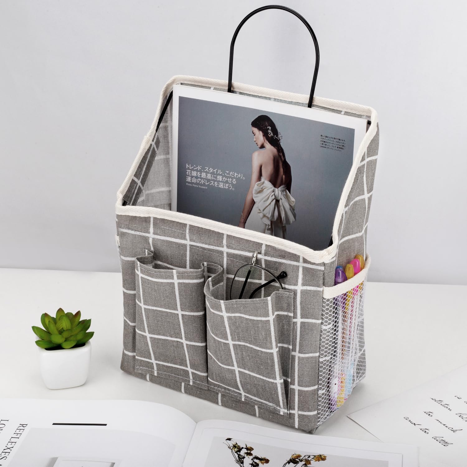 Lyroo 2 Pack Grey Plaid Wall Hanging Storage Wall Hanging Organizer Basket With Pockets For Bathroom Bedroom Kitchen Dorm Room E