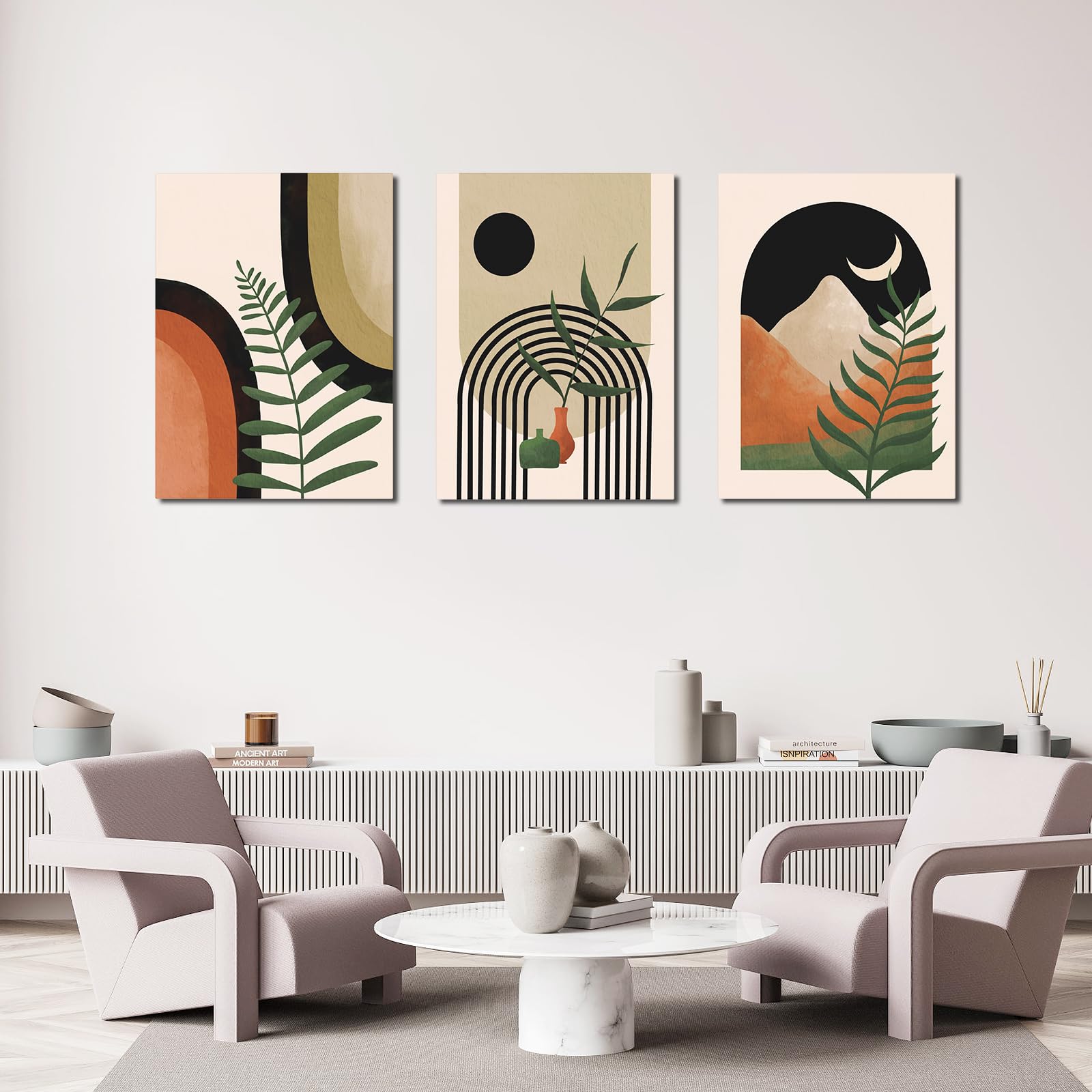 Boho Wall Art Painting Set Of 3, Mid Century Modern Wall Art, Boho Room Decor, Neutral Abstract Geometric Prints Black Beige Bot