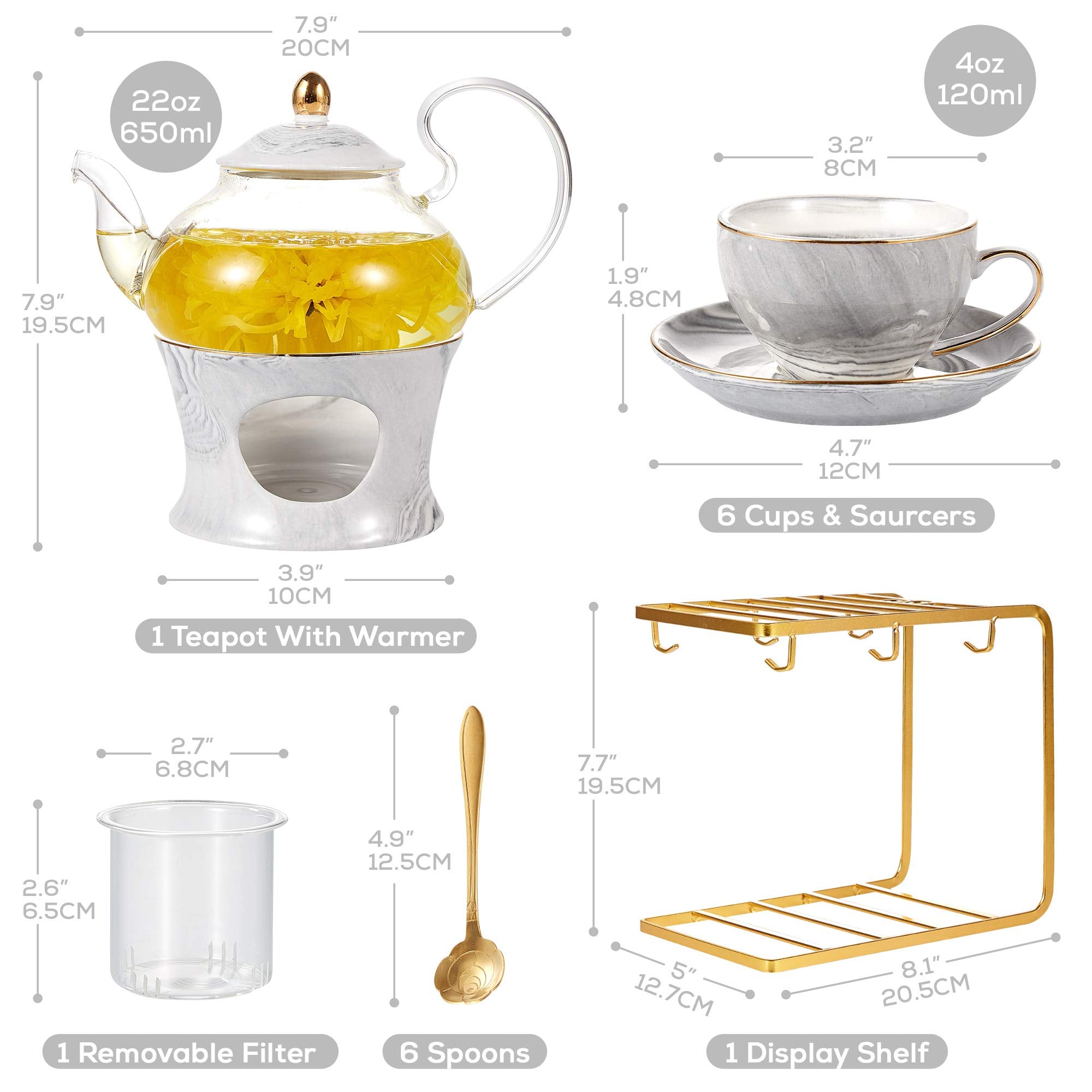 Dujust 21 Pcs Small Tea Set Of 6, Gray Marble Texture With Handcraft Golden Trim, Fine Porcelain Tea Pot Set For Kids&Adults, 1