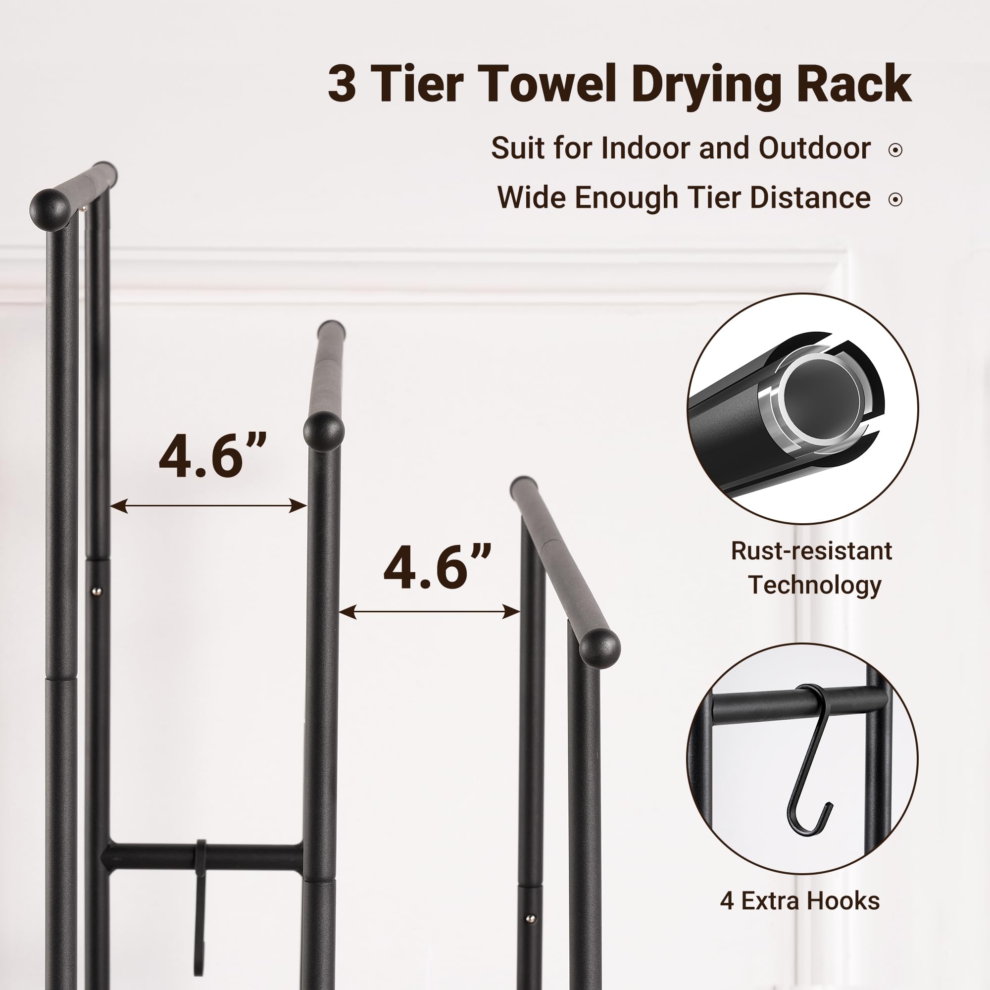 Elyken 3 Tier Standing Towel Rack, 40'' Tall Towel Drying Rack Outdoor, Freestanding Floor Towel Rack With Shelf, Pool Towel Bla