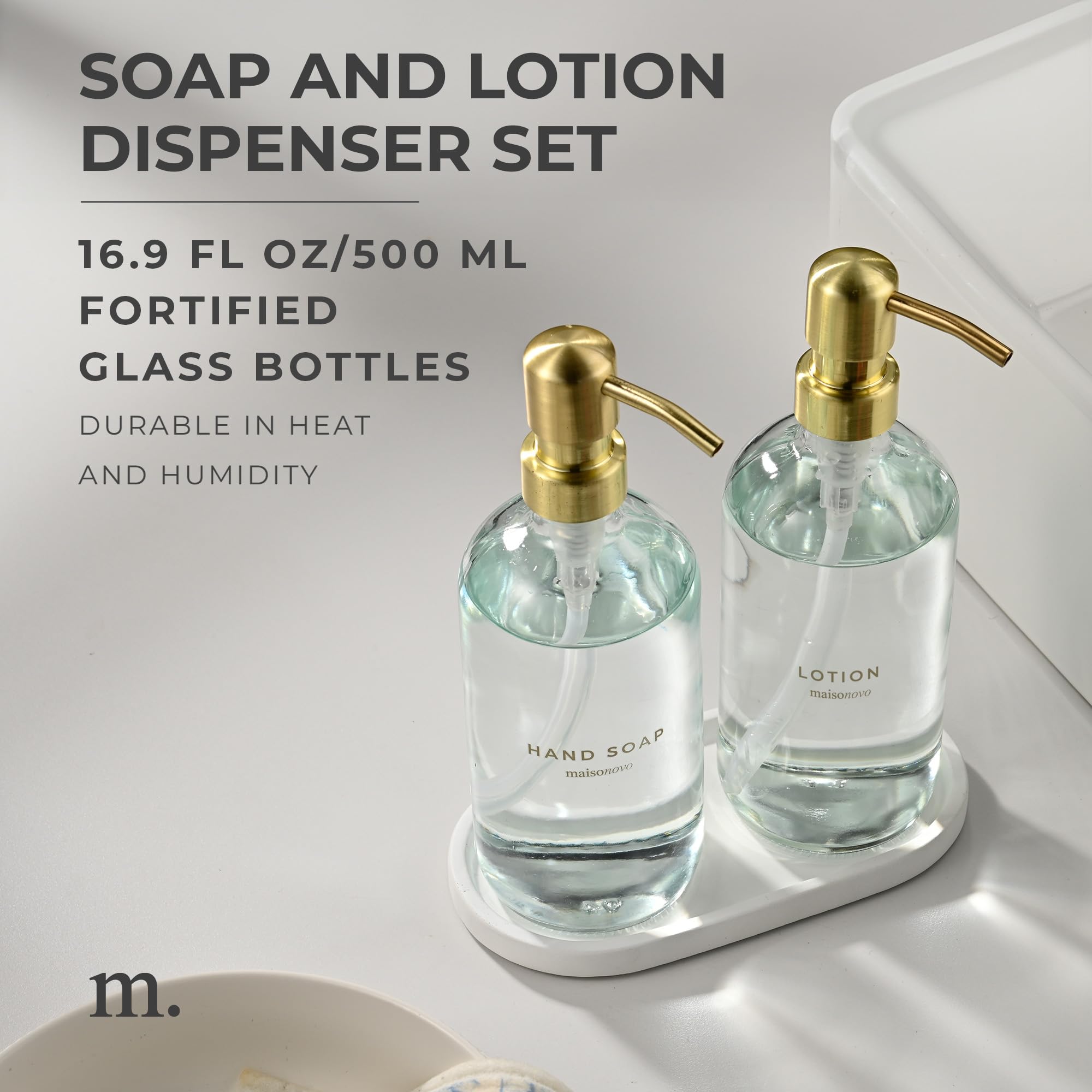Maisonovo Hand Soap And Lotion Dispenser Set - 16.9 Fl Oz Clear Soap Dispenser Glass With Gold Pump Set Of 2 And Oval Concrete T