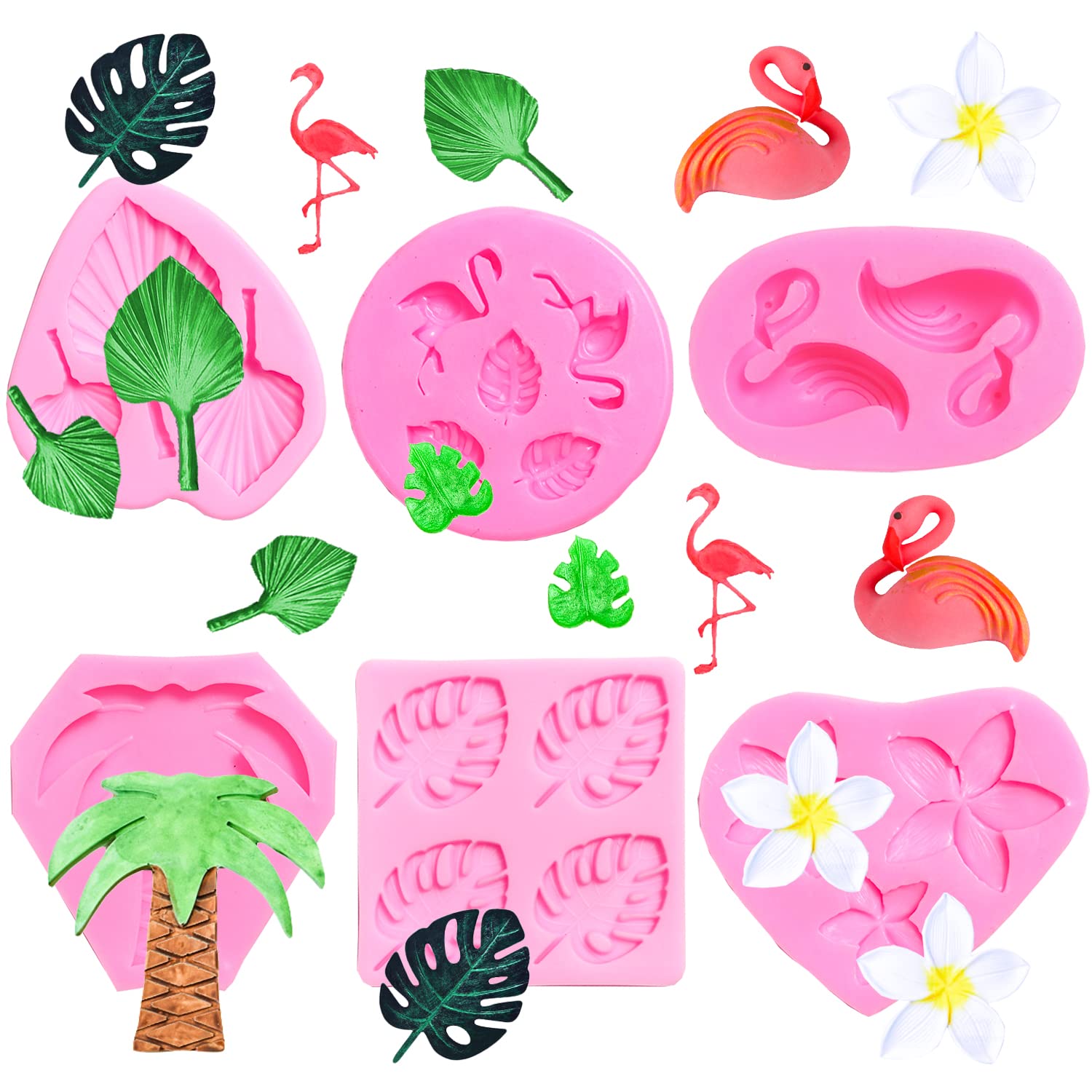 Doumeny 6Pcs Flamingo Fondant Mold Set Fan Leaf Silicone Mold Monstera Leaf Cake Mold Hawaiian Tropical Palm Leaf Chocolate Mold