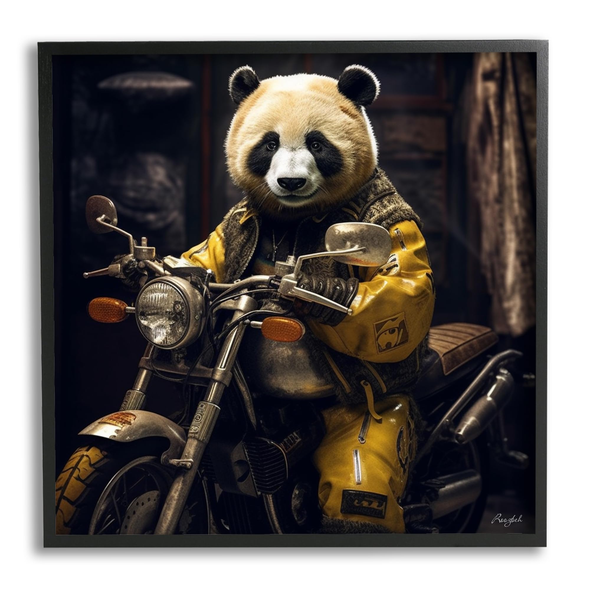 Stupell Industries Panda on Motorcycle Framed Giclee Art by Roozbeh