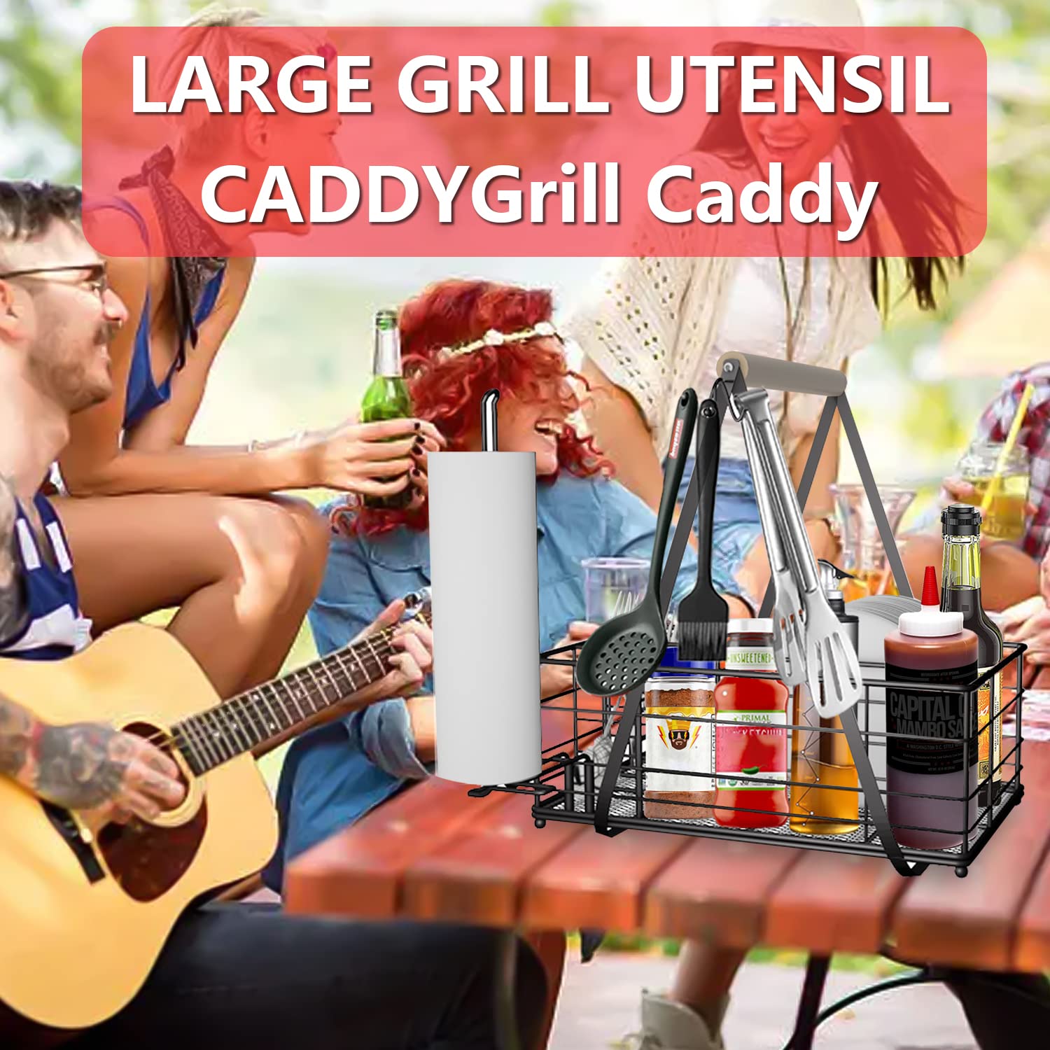 Lelocle Picnic Caddy And Grill Utensil Caddy,Condiment Caddy, Grill-Caddy,Adjustable Compartment Storage,With 3 Hooks,Sturdy Thi