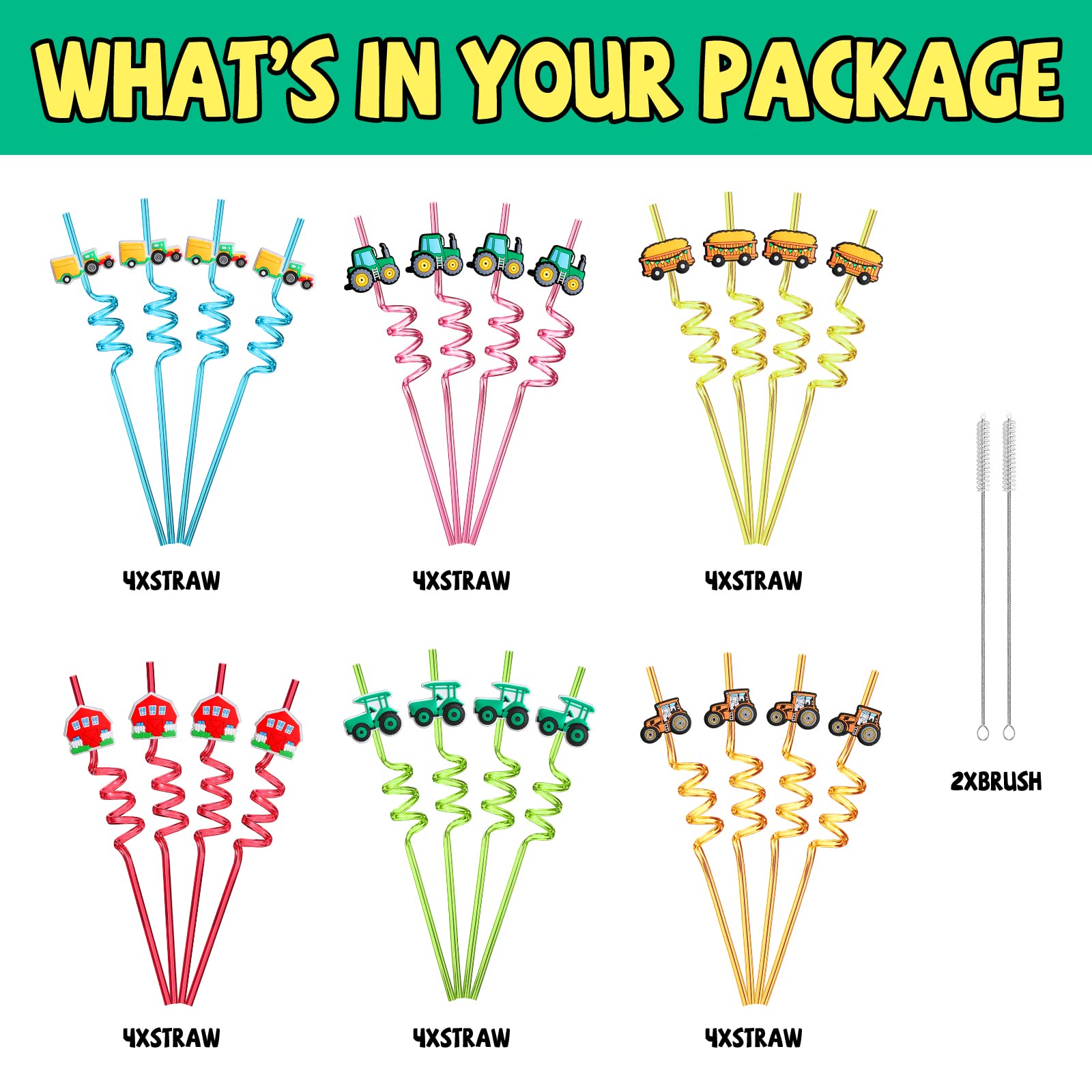24 Tractor Party Favors Drinking Straws for Farm Green Tractor Birthday Party Supplies with 2 PCS Straws Cleaning Brush