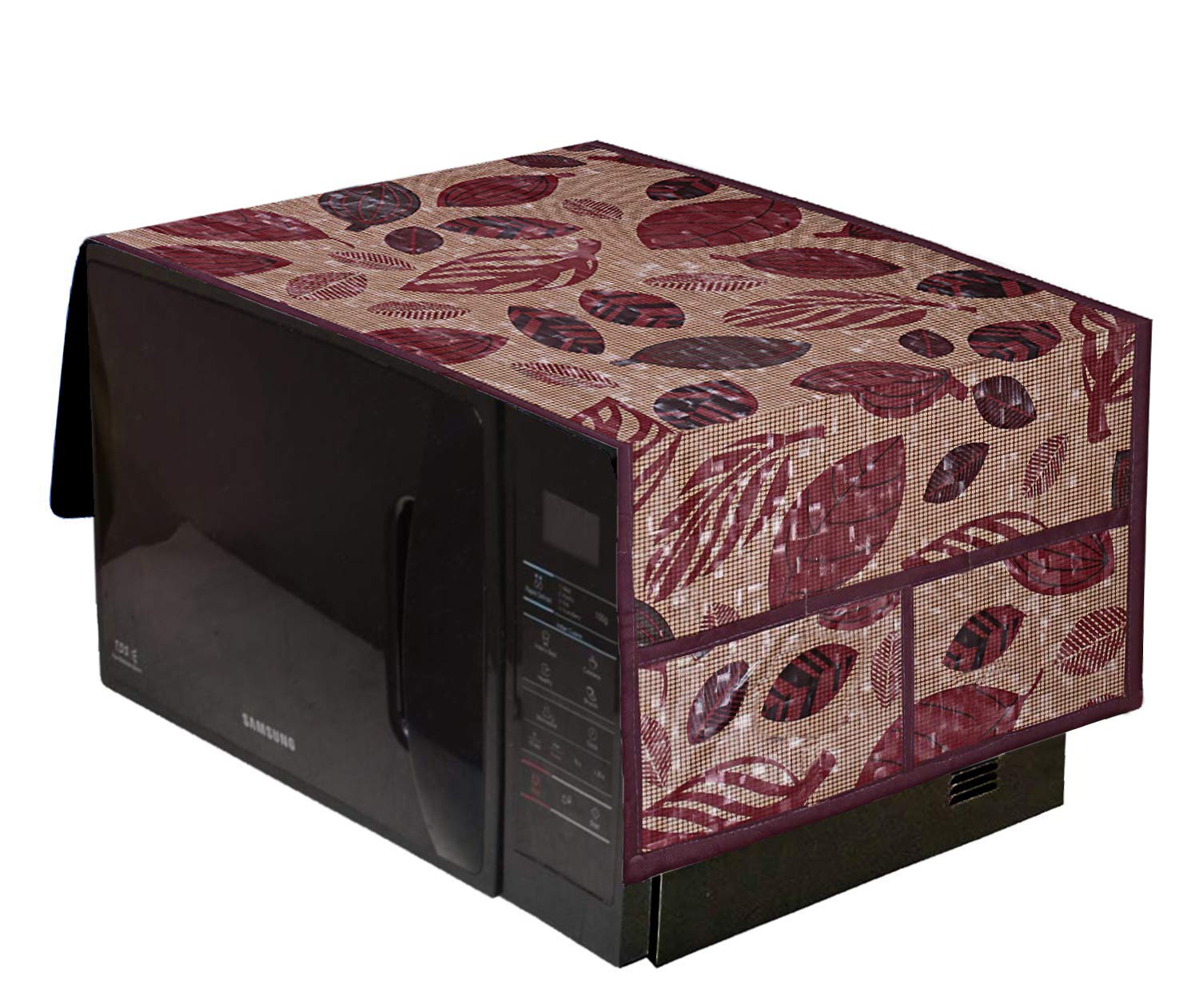 Heart Home Leaf Design Pvc Microwave Oven Top Cover 25 Liter With Utility 4 Pockets (Gold)  Cthh7571