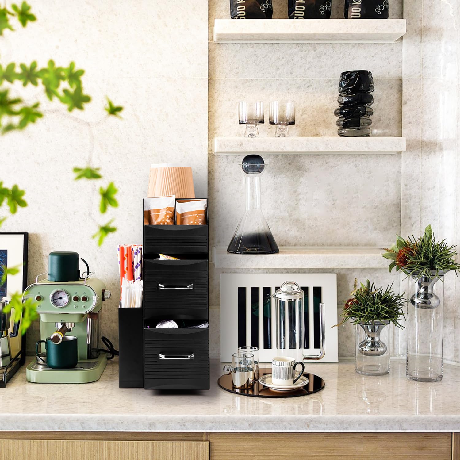 Szqinji Coffee Condiment Organizer 11-Compartment Breakroom Coffee Station Organizer Countertop Cup Storage With 2 Drawers Black