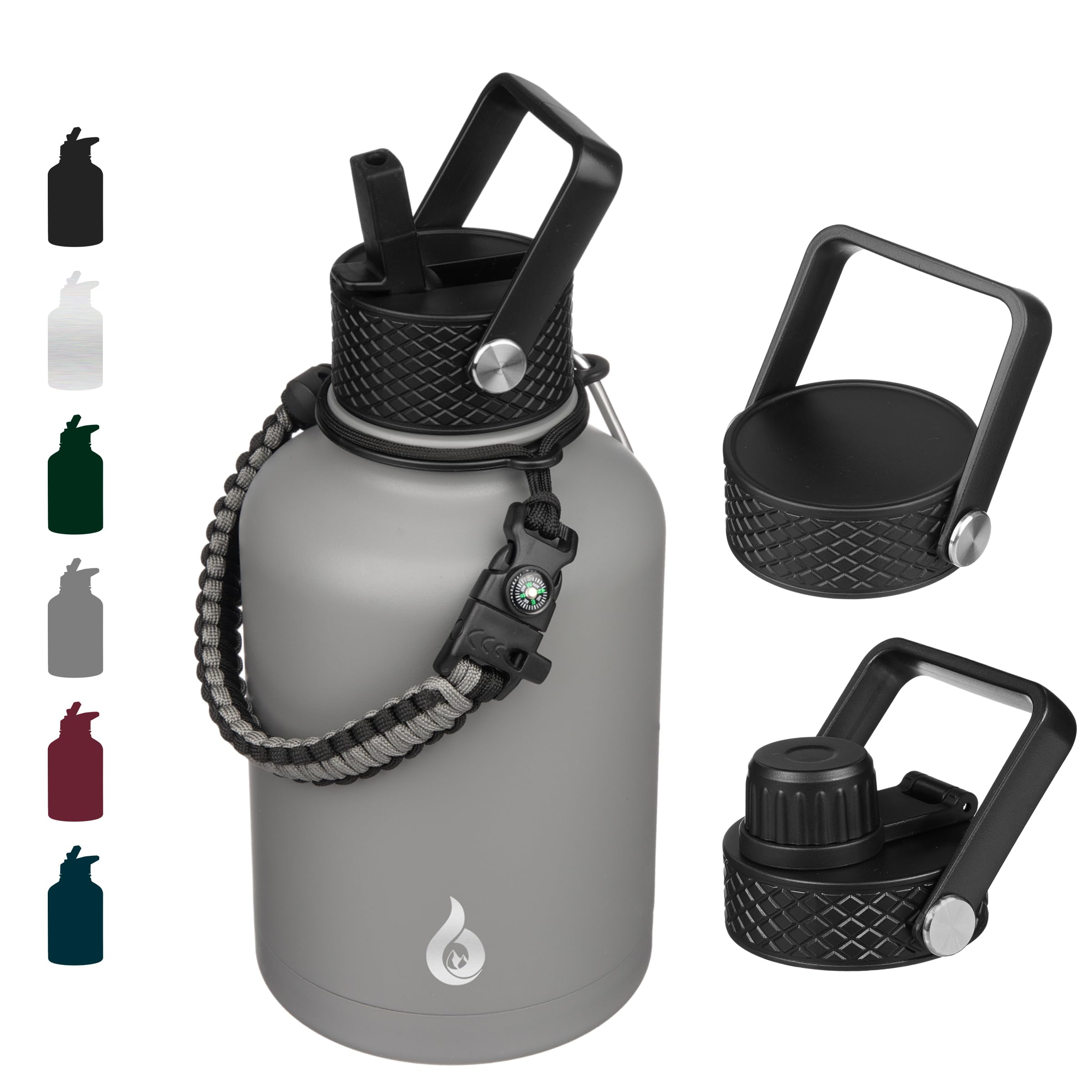 Bjpkpk 50Oz Stainless Steel Insulated Water Bottle, Vacuum Water Bottle With Straw, Leak Proof, Hot & Cold Insulation, 3 Lids &