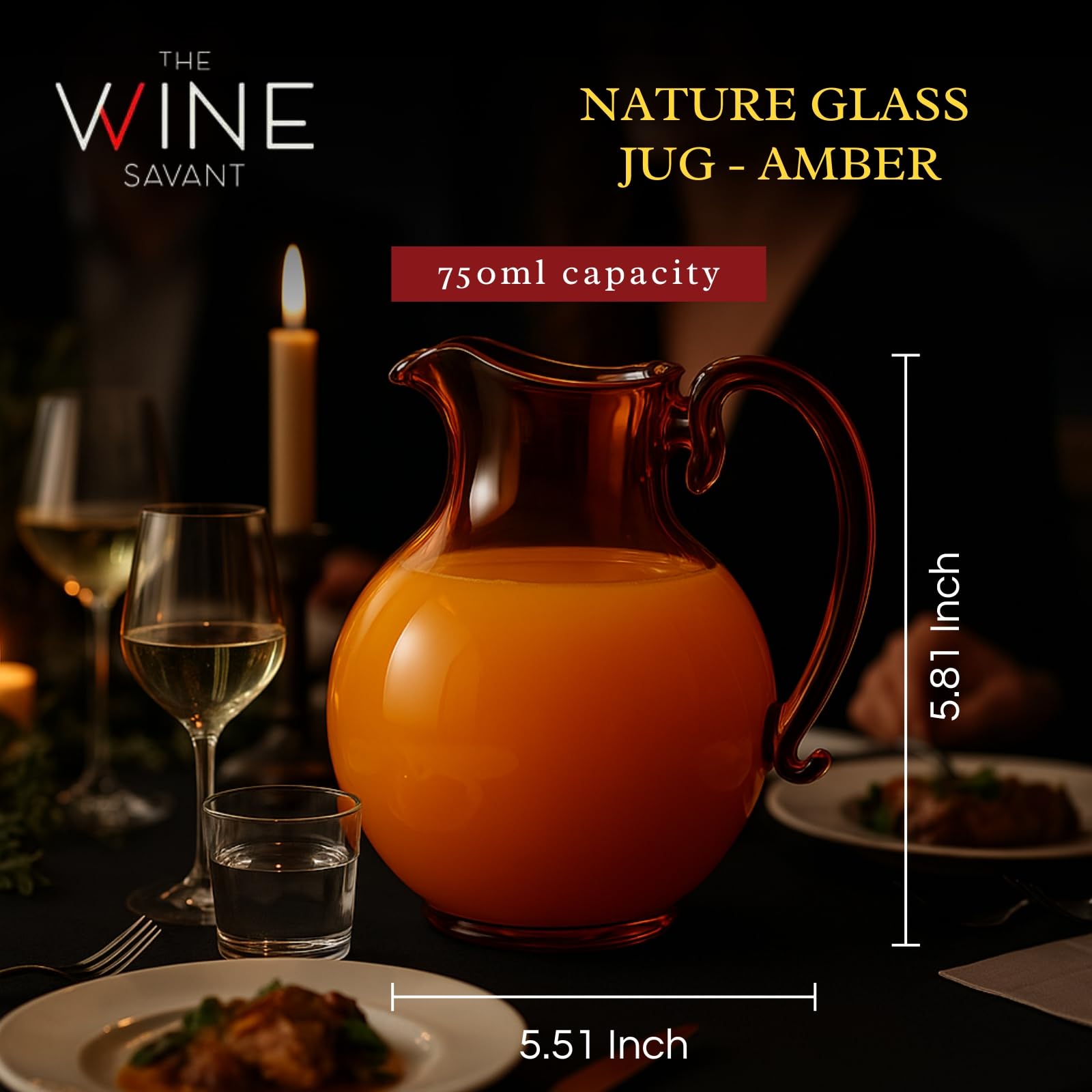Italian Design Amber Glass Jug Mouth-Blown Venetian Pitcher 750ml Handmade Murano