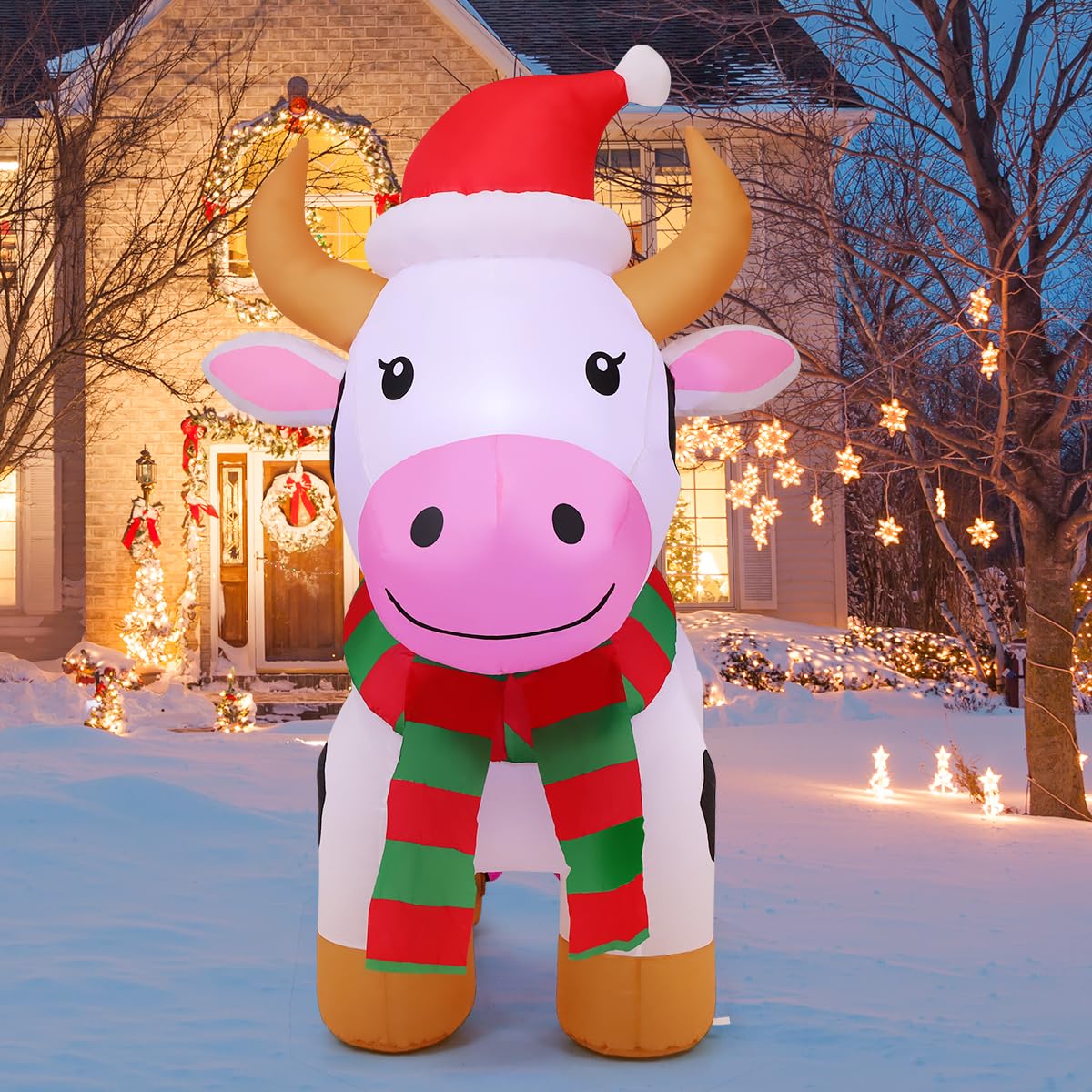 COMIN 5.9 FT Christmas Inflatables Outdoor Decorations Inflatable Cow with LEDs,Quick Blow Up with Built-in LEDs for Yard Party 