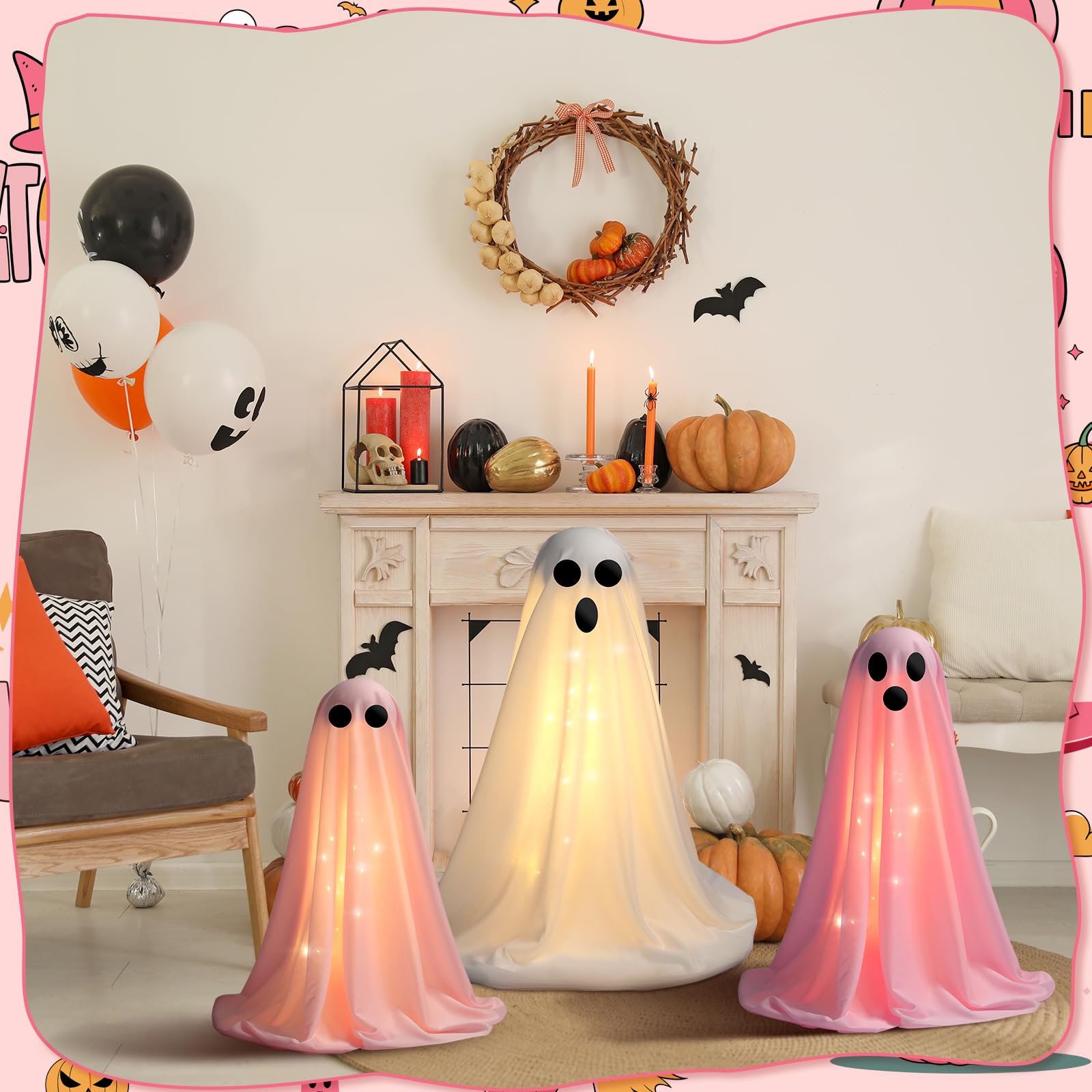 VitalCozy 3 Pack Halloween Decorations Indoor Outdoor Large Light up Spooky Ghost Cute Scary Standing Ghosts Decor with LED Ligh