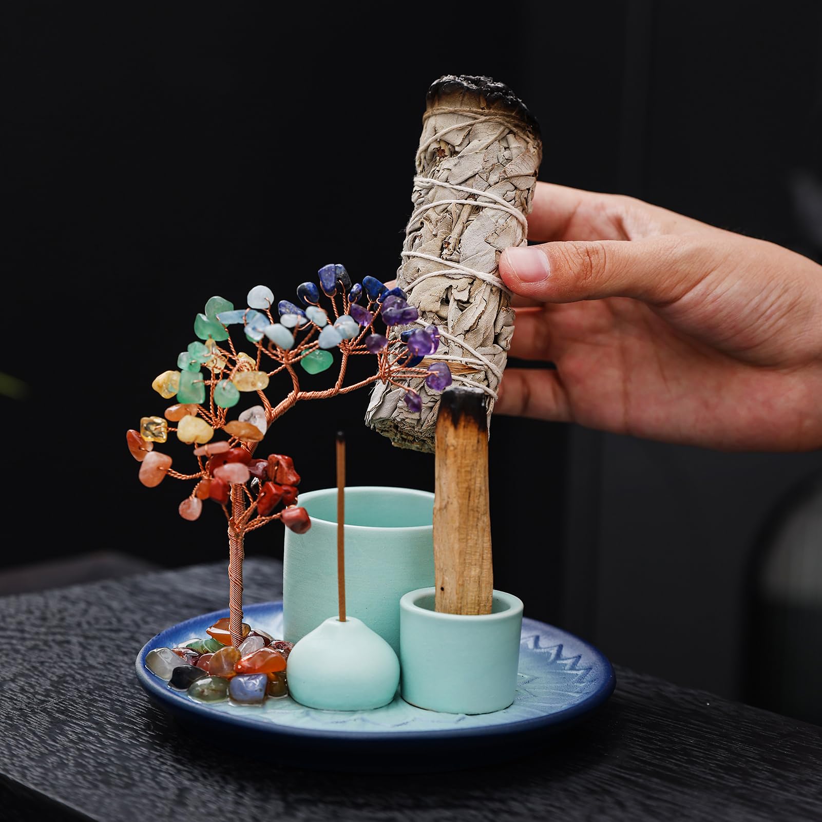 5 in 1 Incense Burner Holder with Crystal Tree for Burning Palo Santo Stick, Sage, Incense Sticks, Candle, Ceramic Tray Ash Catc