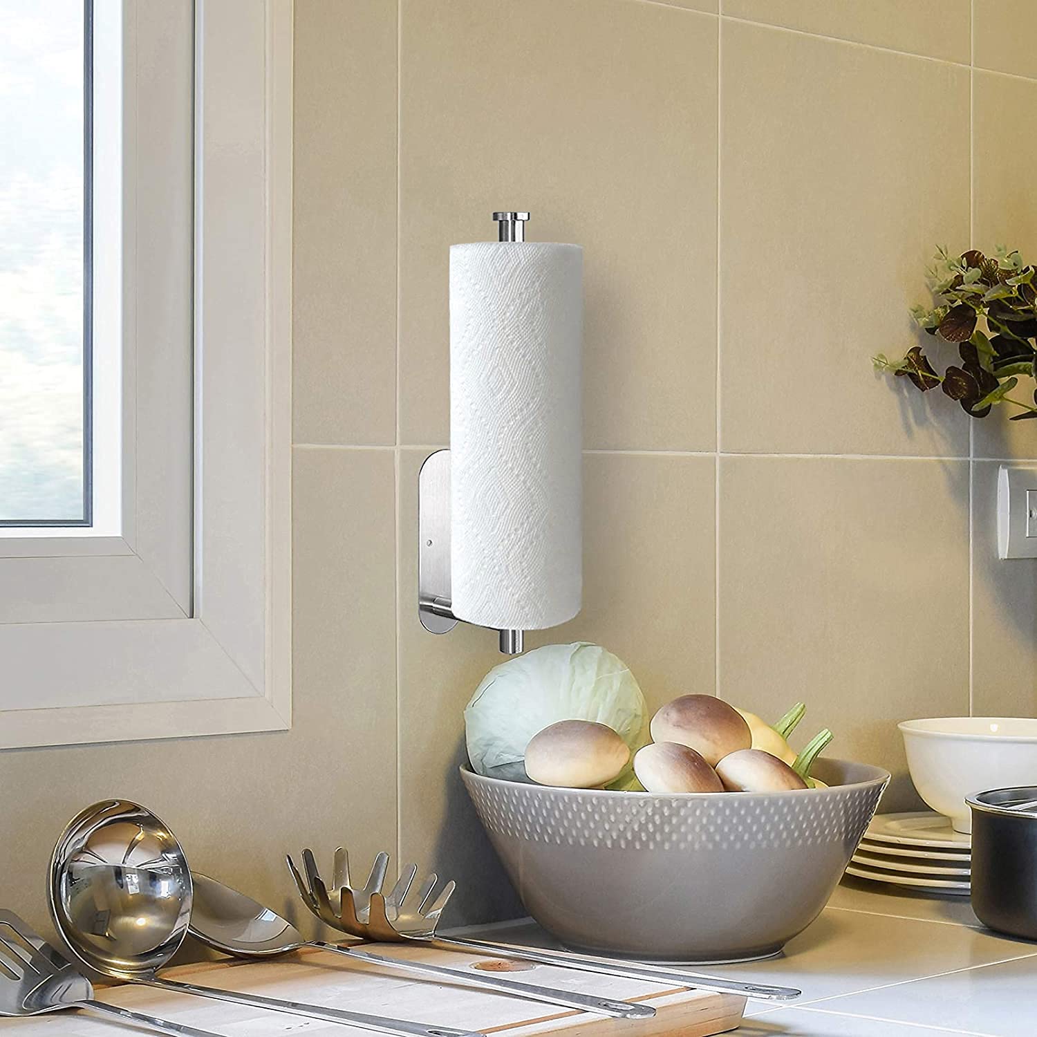 Paper Towel Holder Under Cabinet - Self Adhesive Paper Towel Roll Holder Wall Mount, Gewtur Stainless Steel Paper Towel Holder F