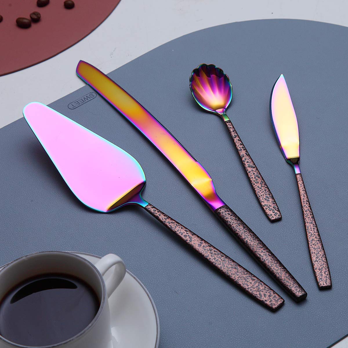 Berglander Silverware Serving Set 10 Pieces With Moon Surface Handle And Shiny Rainbow Mouth Titanium Plating, Stainless Steel M