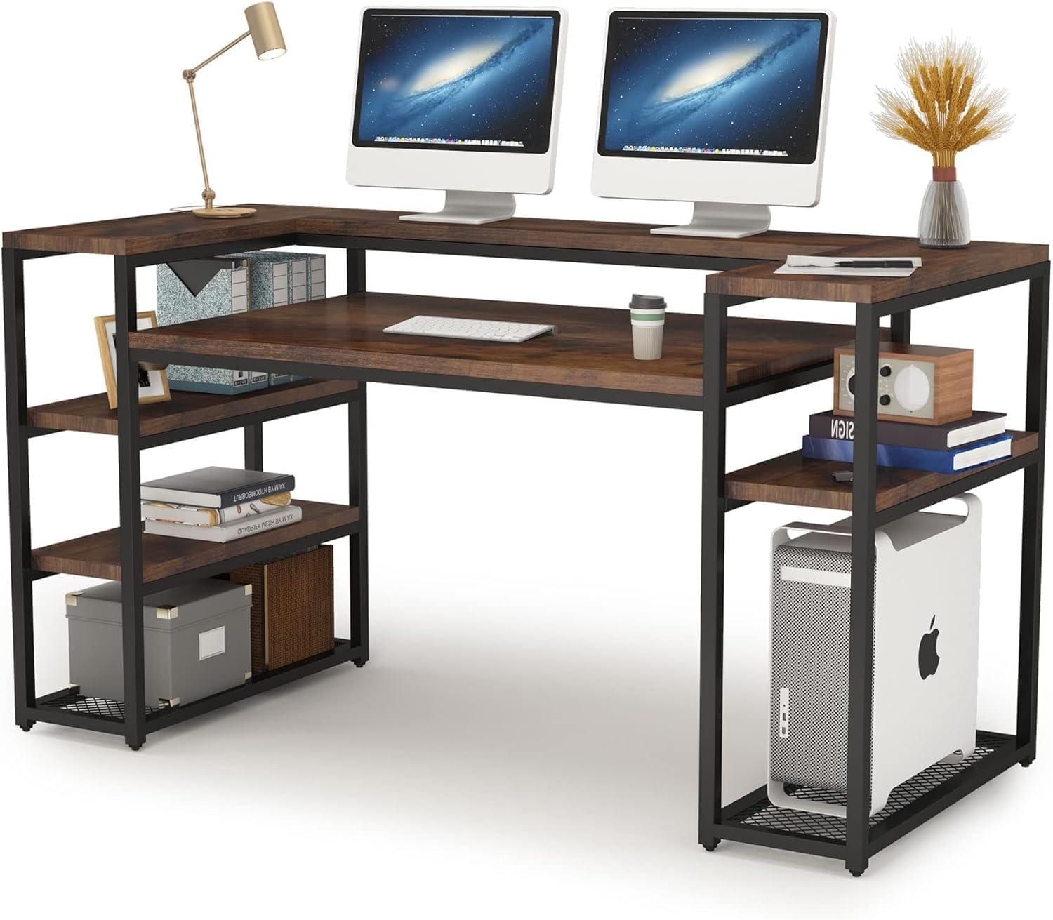 Computer Desk 160 cm with Storage Shelves| Monitor Stand, Home Office Writing Table, Wooden Study Table for Laptop Work at Home|