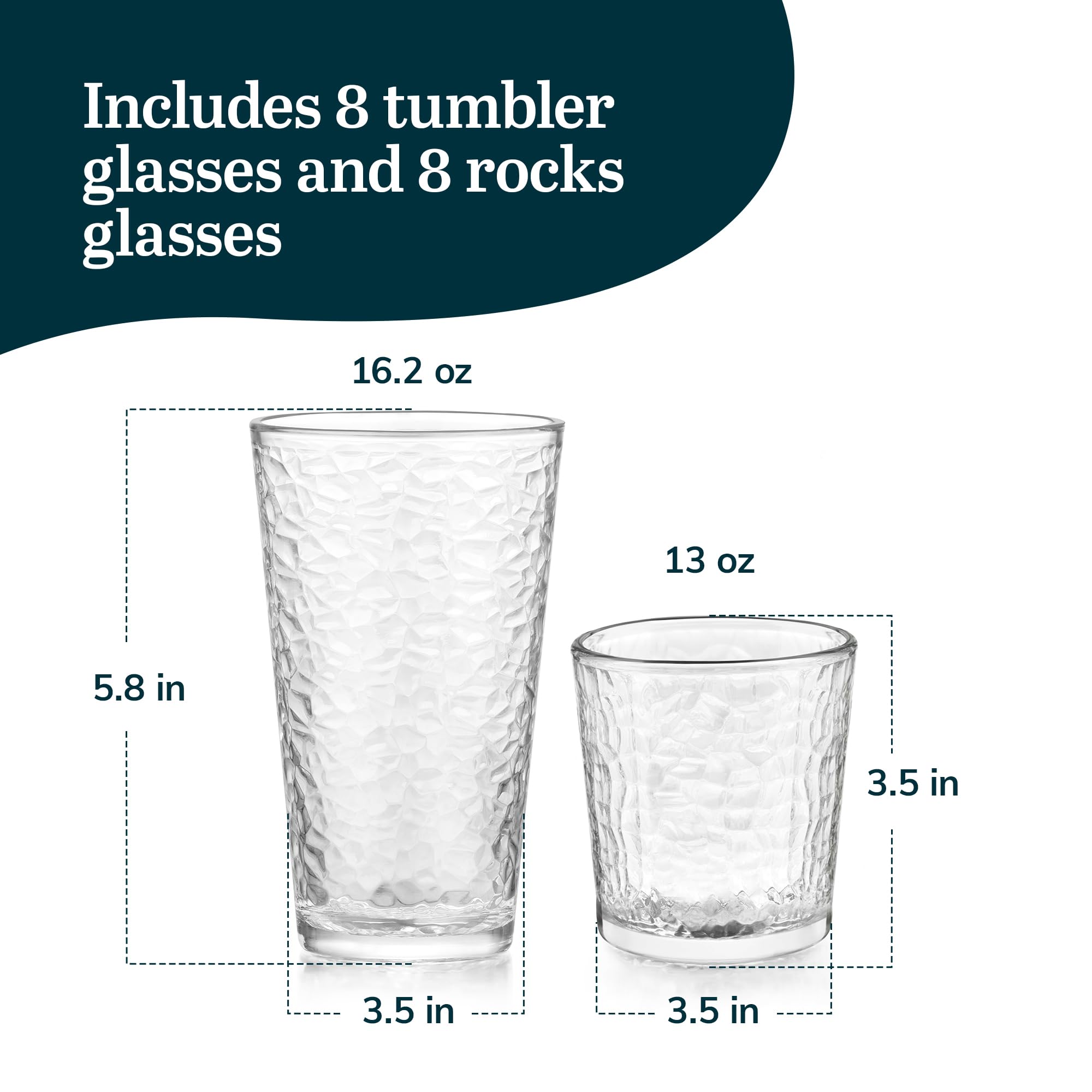 Libbey Yucatan Tumbler And Rock Glasses Drinking Set, Textured Drinking Glasses Set Of 16, All Purpose Glass Cups Set For Events