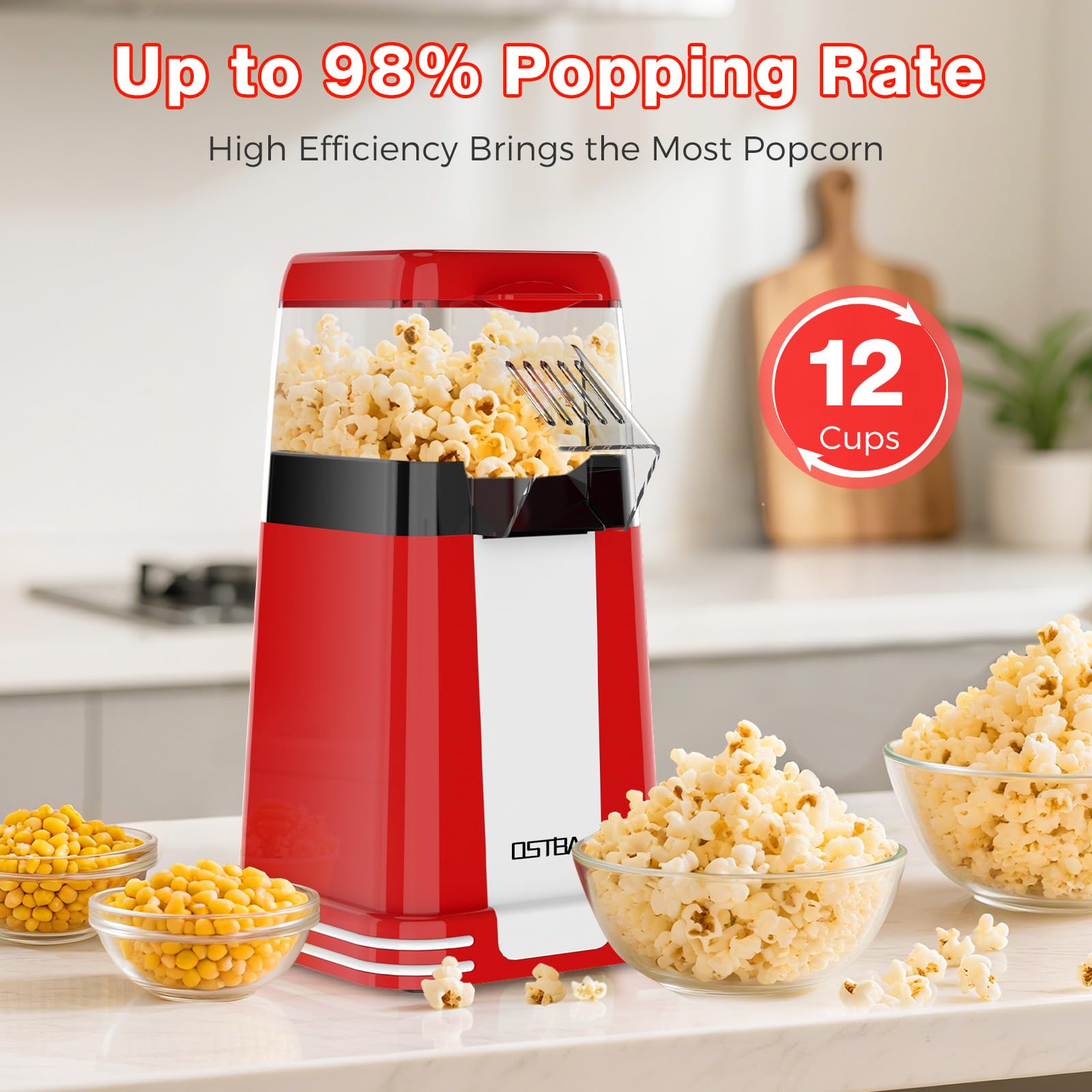 OSTBA Popcorn Maker, 1200W Mini Retro Air Popper Popcorn Machine, 12 Cups Hot Air Popcorn Popper Electric with Butter Tray, Oil-