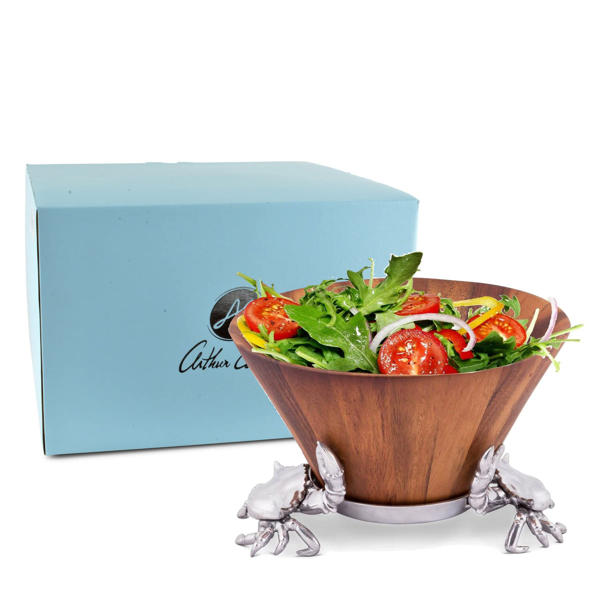 Arthur Court Designs Acacia Wood Salad Bowl With Aluminum Crab Stand 12 Inch Diameter X 7 Inch Tall
