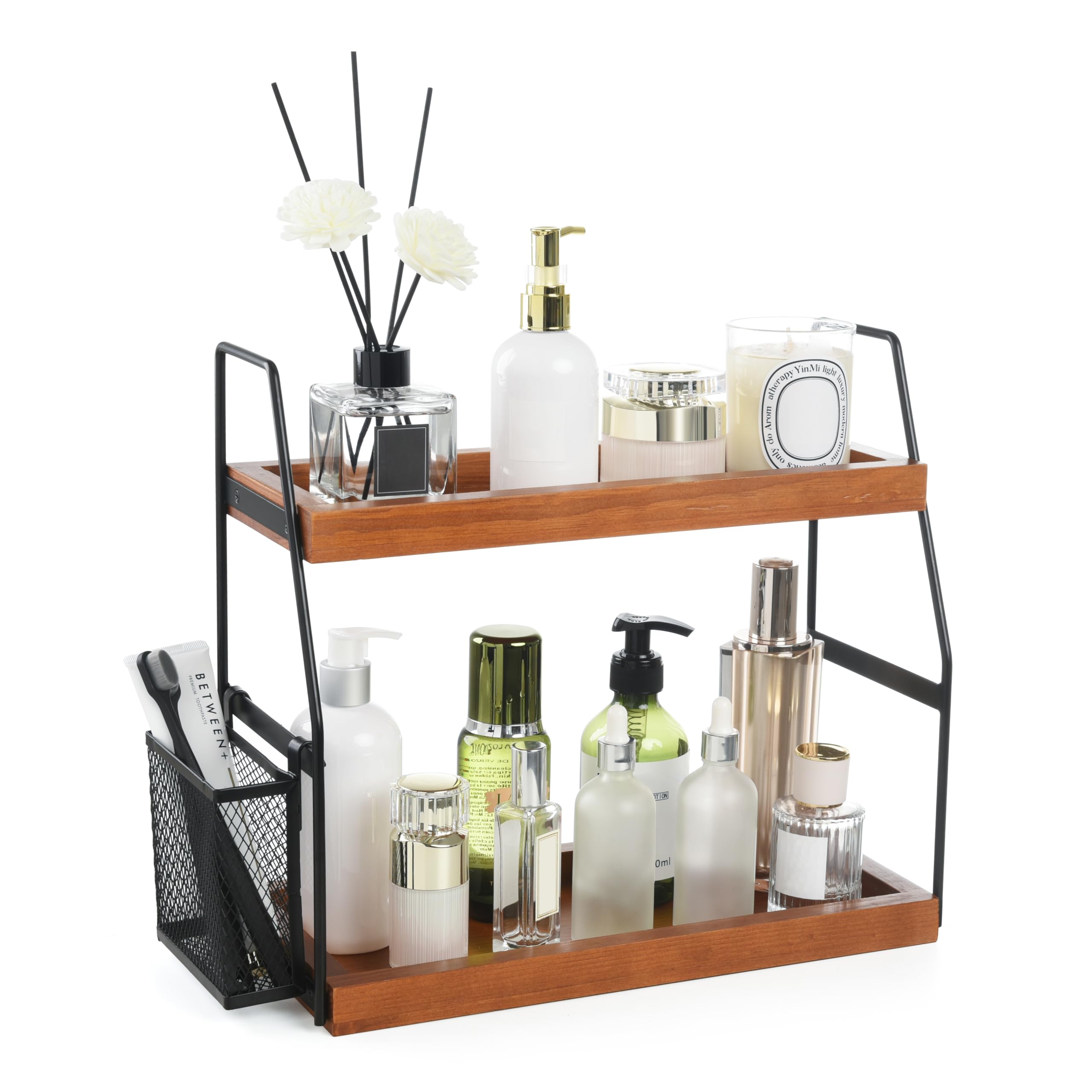 Uneviesyka Bathroom Counter Organizer, 2-Tier Standing Storage Shelf With Basket, Wood Tray For Skincare Vanity Organizer(Browni