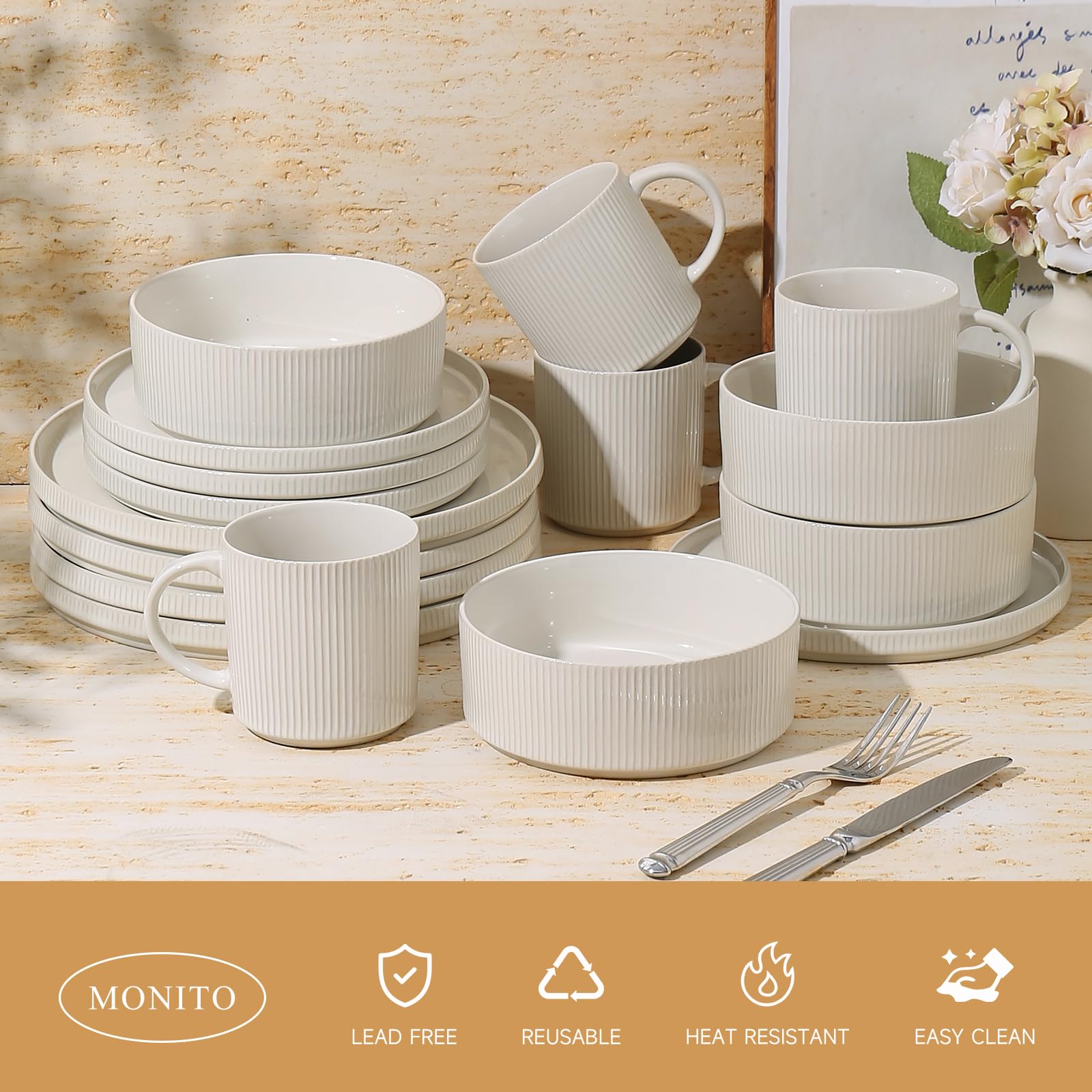MONITO Ceramic Dinnerware 16 Pieces Dinner Set,Plates Pasta Bowls Cereal Bowls Reactive Change Glaze Dish Sets, Modern Stoneware