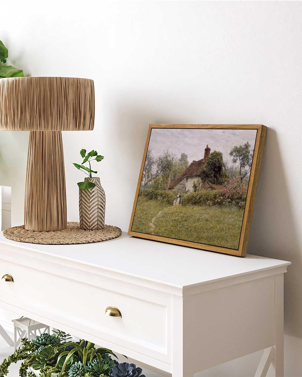 Insimsea Framed Canvas Wall Art Vintage Decor, Landscape Wall Art Prints, Old Cottages Countryside Landscape Wall Art, Rustic Fa