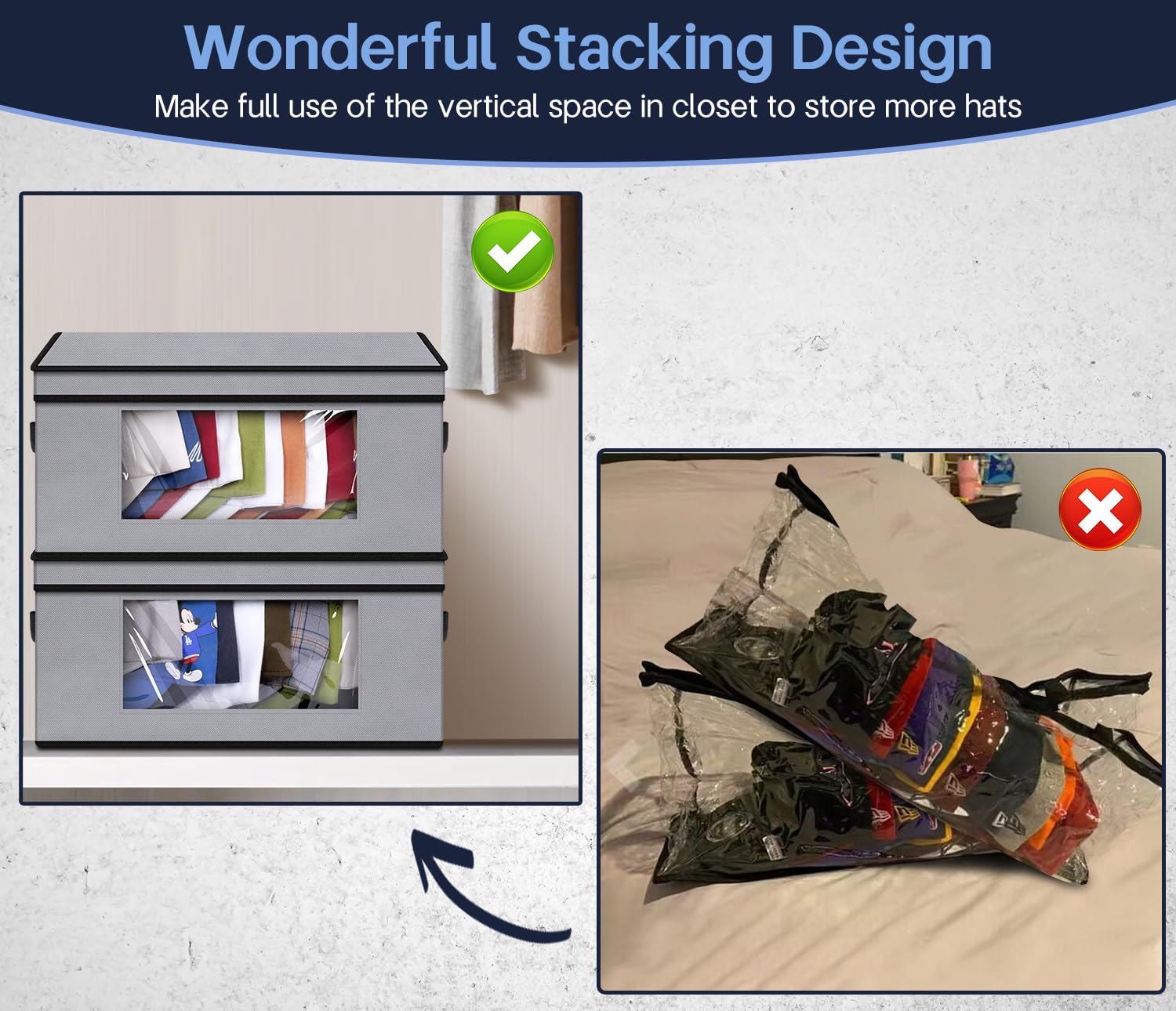 Sleeping Lamb Stackable Hat Organzier For Baseball Caps, 4 Pcs Hat Storage Boxes For Closet Hold 60 Caps With Cardboard, Grey