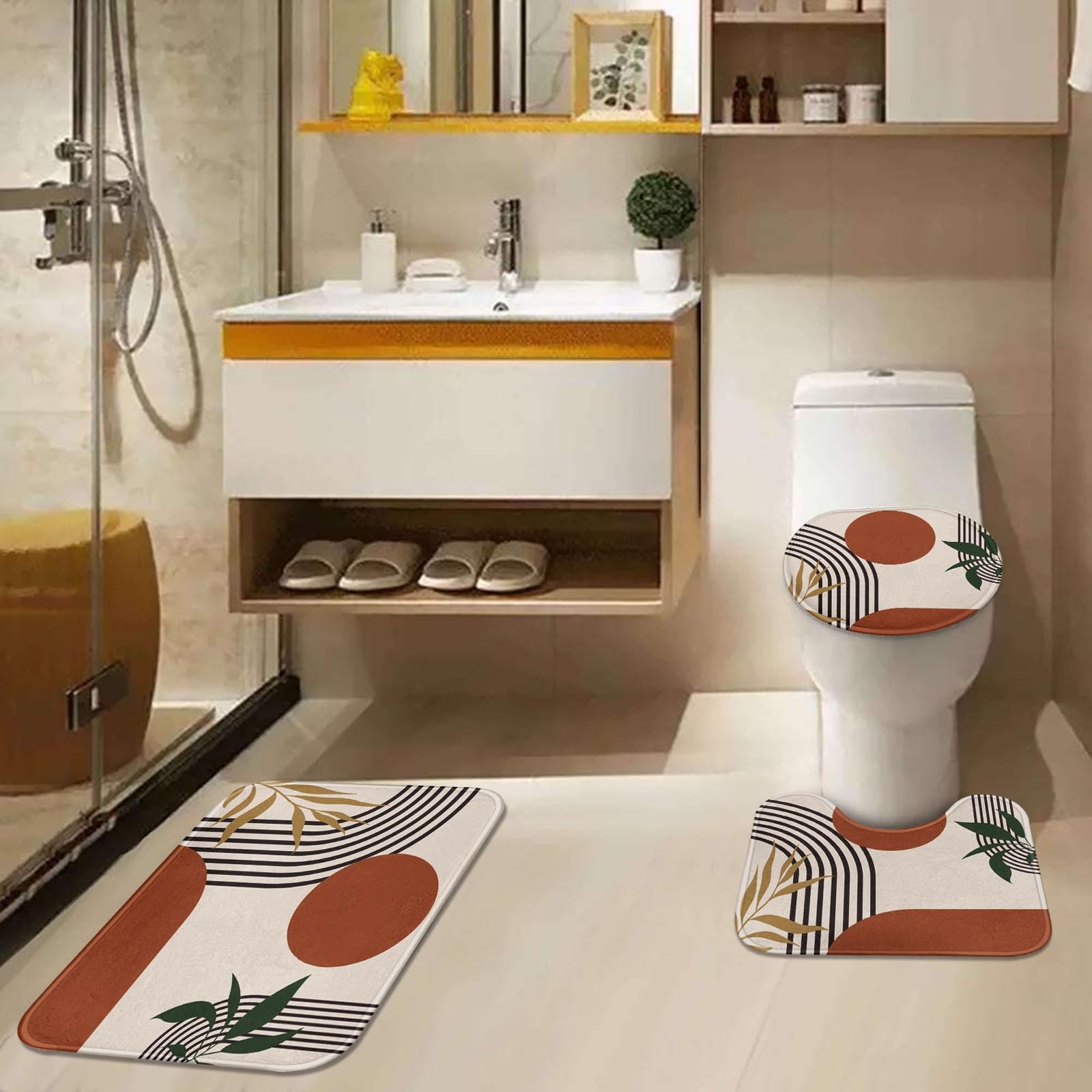 Tayney Boho Mid Century Shower Curtain Set With Toilet Lid Cover And Non-Slip Rugs, Abstract Geometric 4 Pcs Modern Minimalist S
