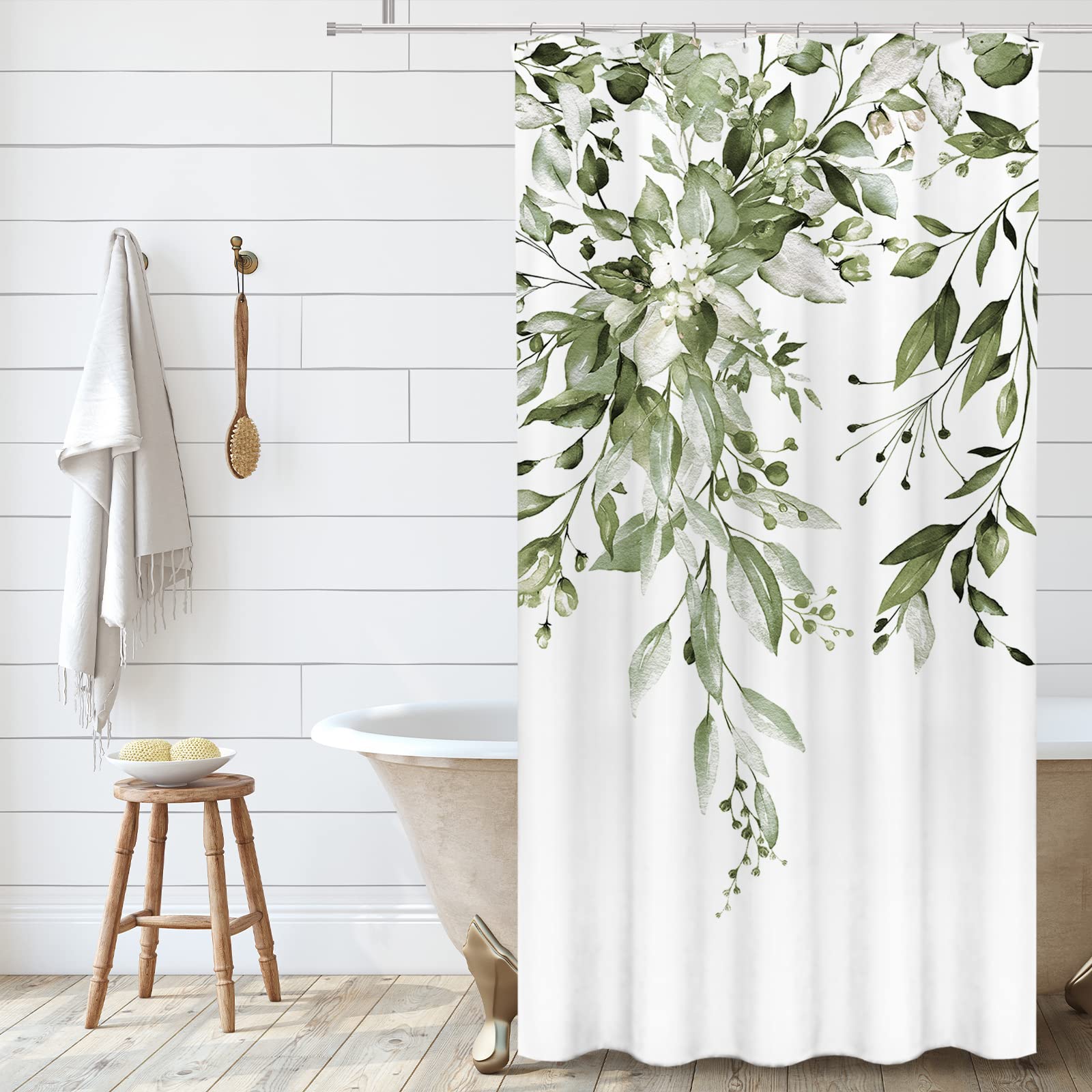 Tititex Olive Green Eucalyptus Shower Curtain Sets, Watercolor Leaves On The Top Plant With Floral Bathroom Decoration 36X72 Inc
