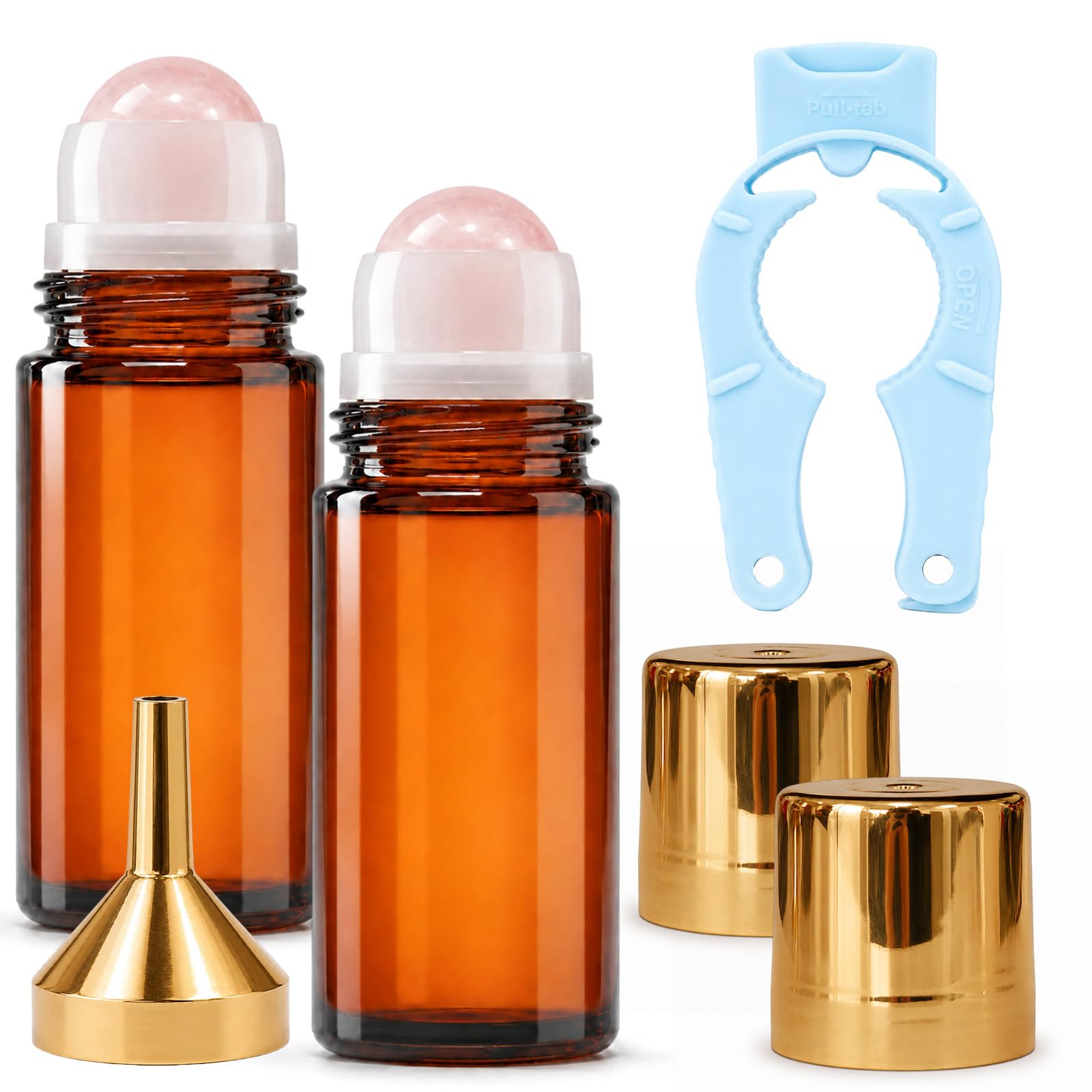 Damaile EU 2 Pack 1.7oz Rose Quartz Roller Bottle for Essential Oils, Amber Glass Perfume Roller Bottles, Refillable Natural Ros