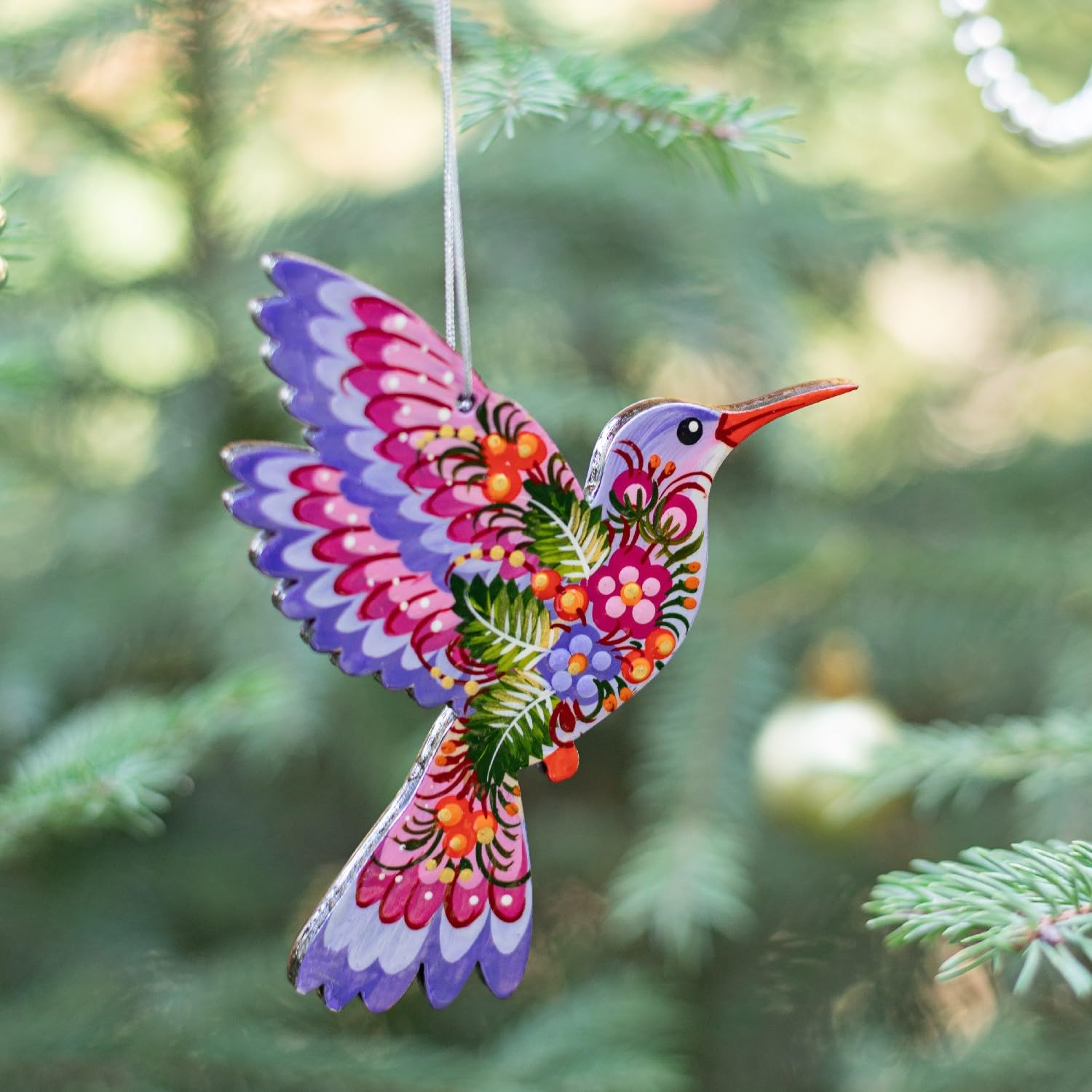Wooden Christmas Ornament Hummingbird 4,7 ? 4 ? 0,2 Inch - Hand-Painted Ukrainian Folk Art - Petrykivka Painting