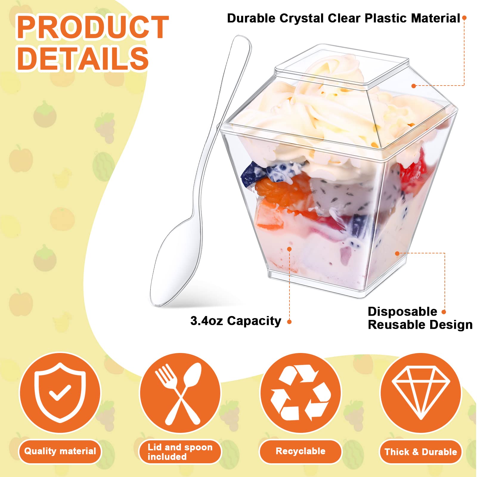 600 Pcs 3.4 Oz Plastic Dessert Cups Parfait Cups With Lids And Spoons Mini Appetizer Cups Clear Square Disposable Cups Dessert F