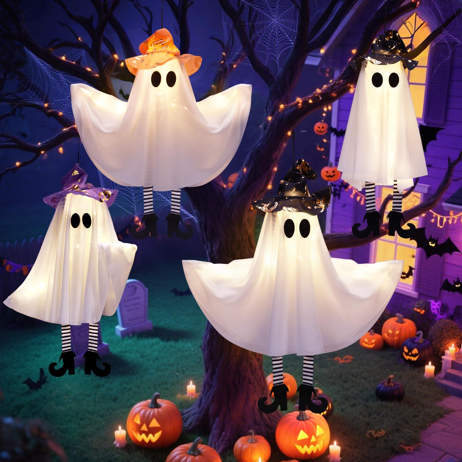 Halloween Decorations Outdoor Indoor,4 Pack Hanging Ghosts Outdoor Halloween Decor,Cute Light Up Witches Hats Ghost Decorations 