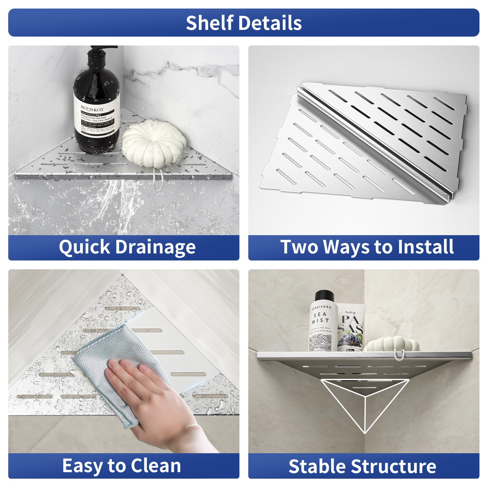 Bernkot Corner Shower Shelf 10'' Brushed 304 Stainless Steel Slot Design Recessed Corner Shelf Bathroom Shelf Rack For Tiled Wal