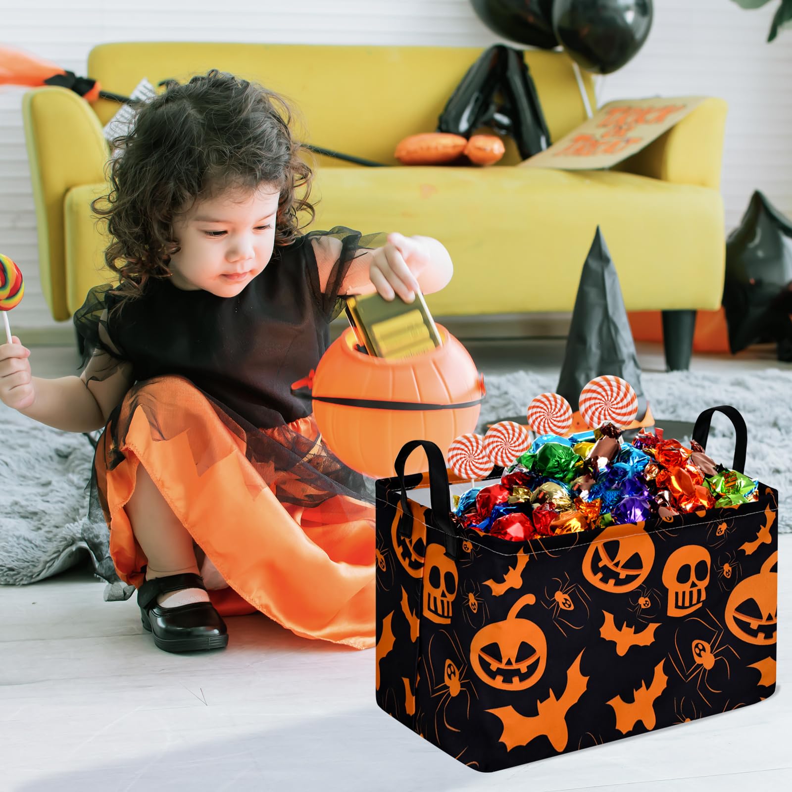 KUNRO Pumpkin Pattern Halloween Storage Gift Basket Canvas Storage Bins with Handles Rectangle Storage Cubes Organizer for Bedro